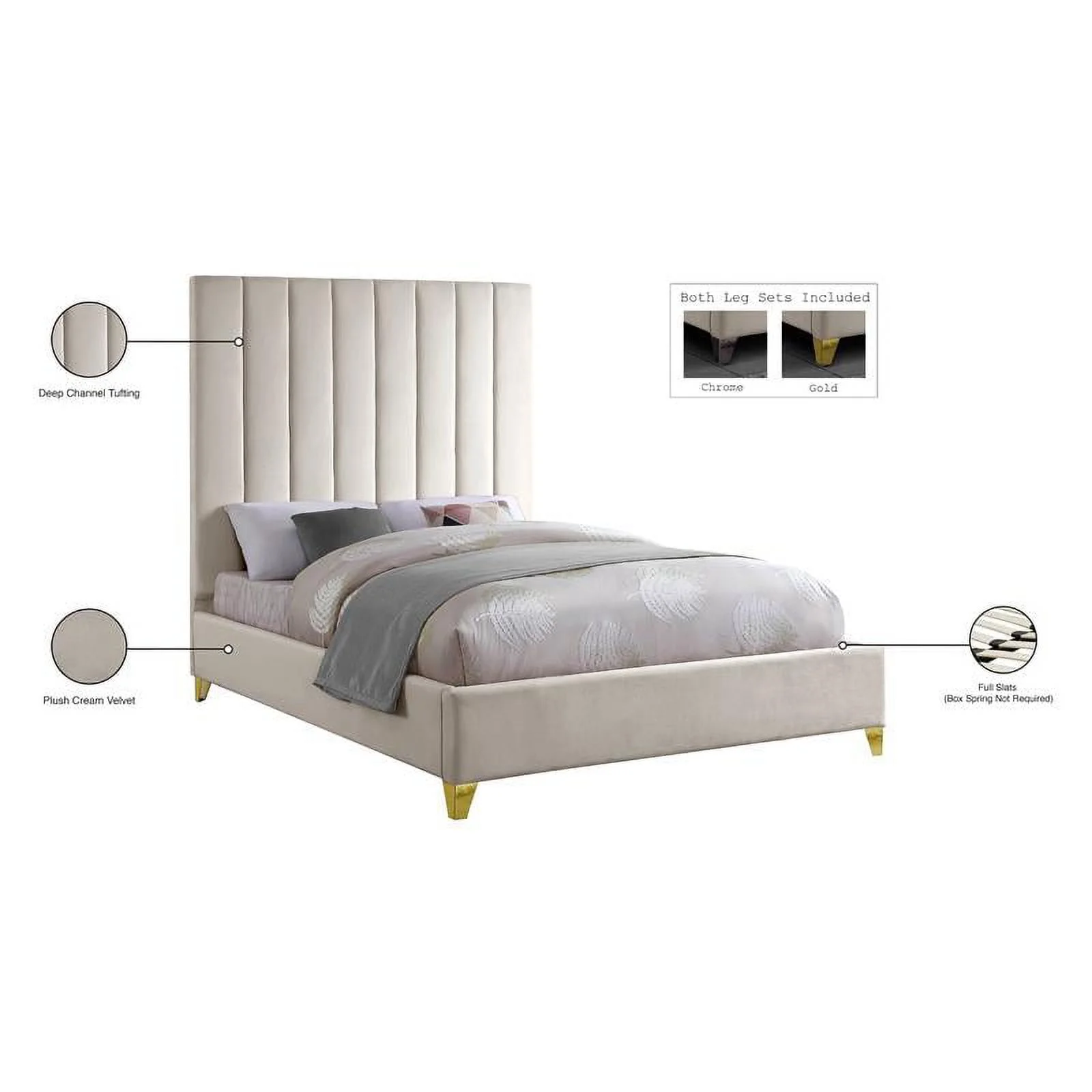 Meridian Furniture Via Rich Velvet Queen Bed in Cream
