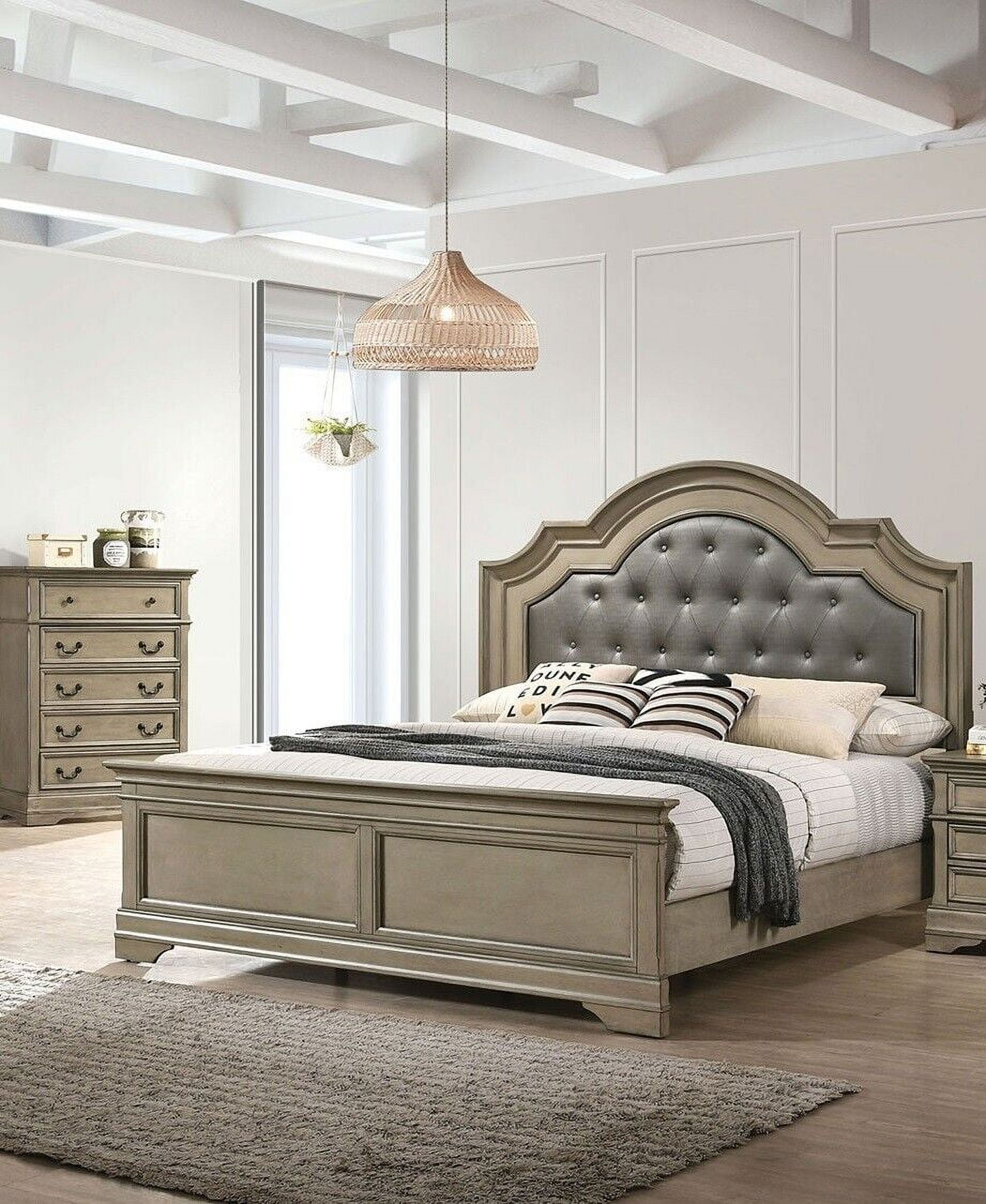 Antique Warm Gray Transitional 1pc Queen Size Bed Classic Arch Headboard Leatherette Diamond Button Tufting Bedroom Furniture