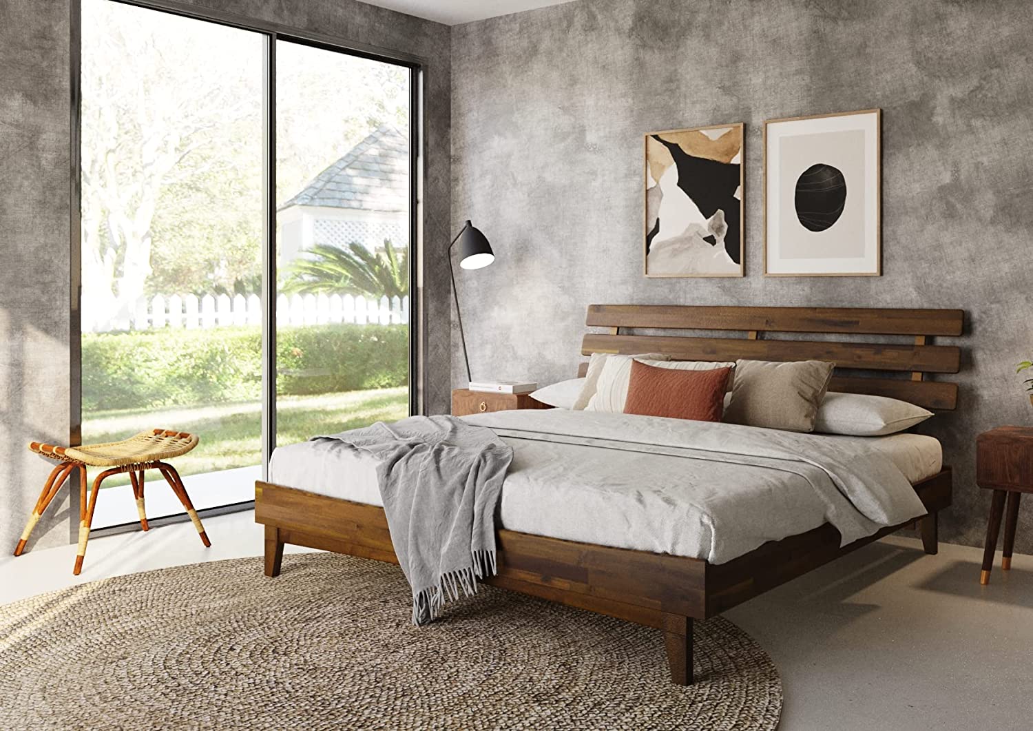 Bme King Size | Caden Deluxe Wooden Bed Frame with Adjustable Headboard, Mid Century Style, Acacia Wood, Caramel