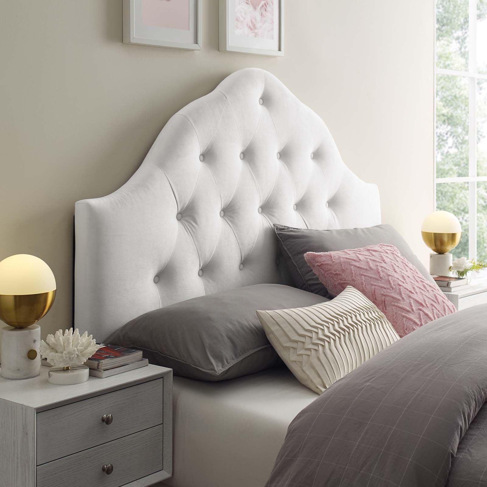 Contemporary Modern Urban Designer Bedroom Full Size Tufted Headboard, Velvet Fabric, White