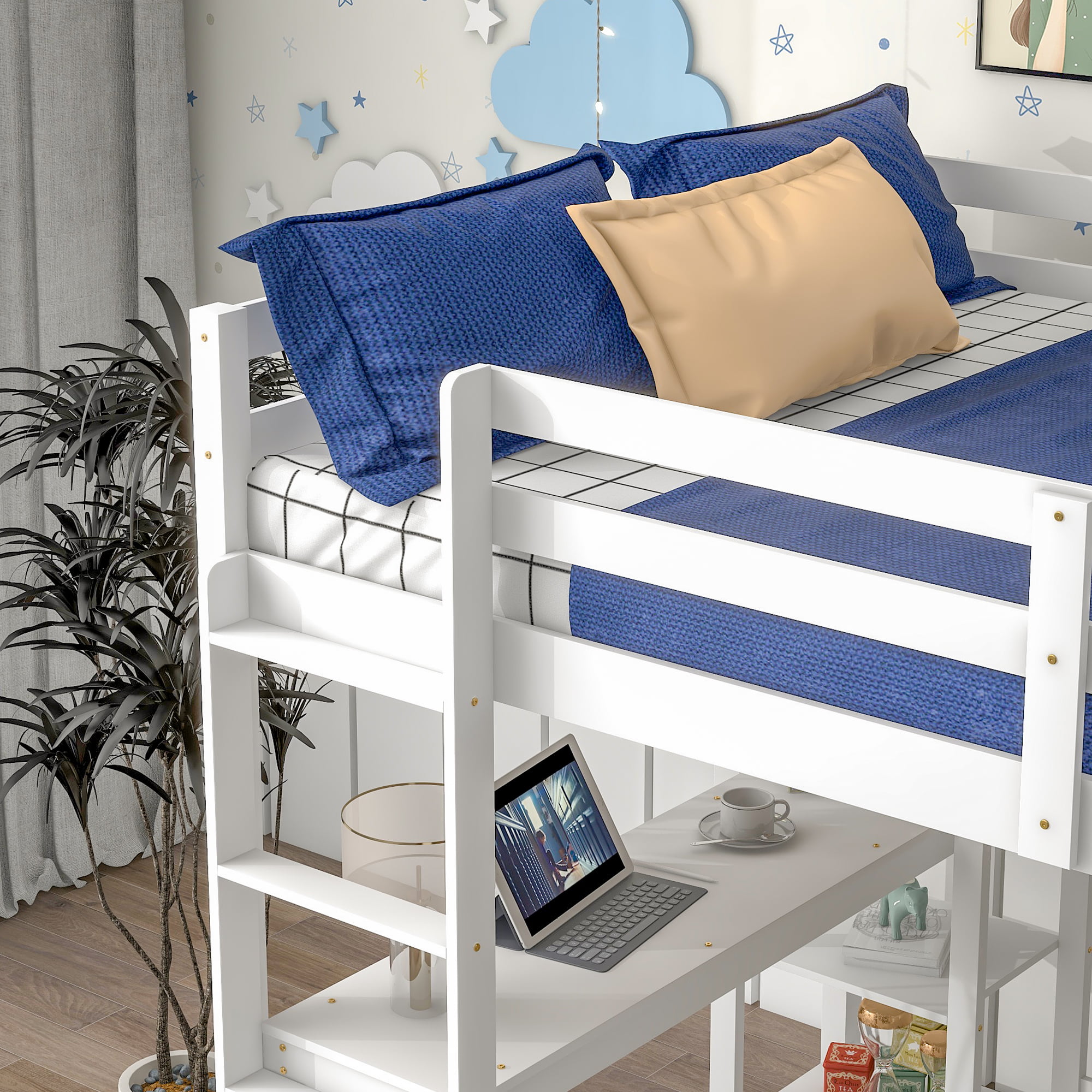Docooler Full Loft Bed with Desk and Shelves,White