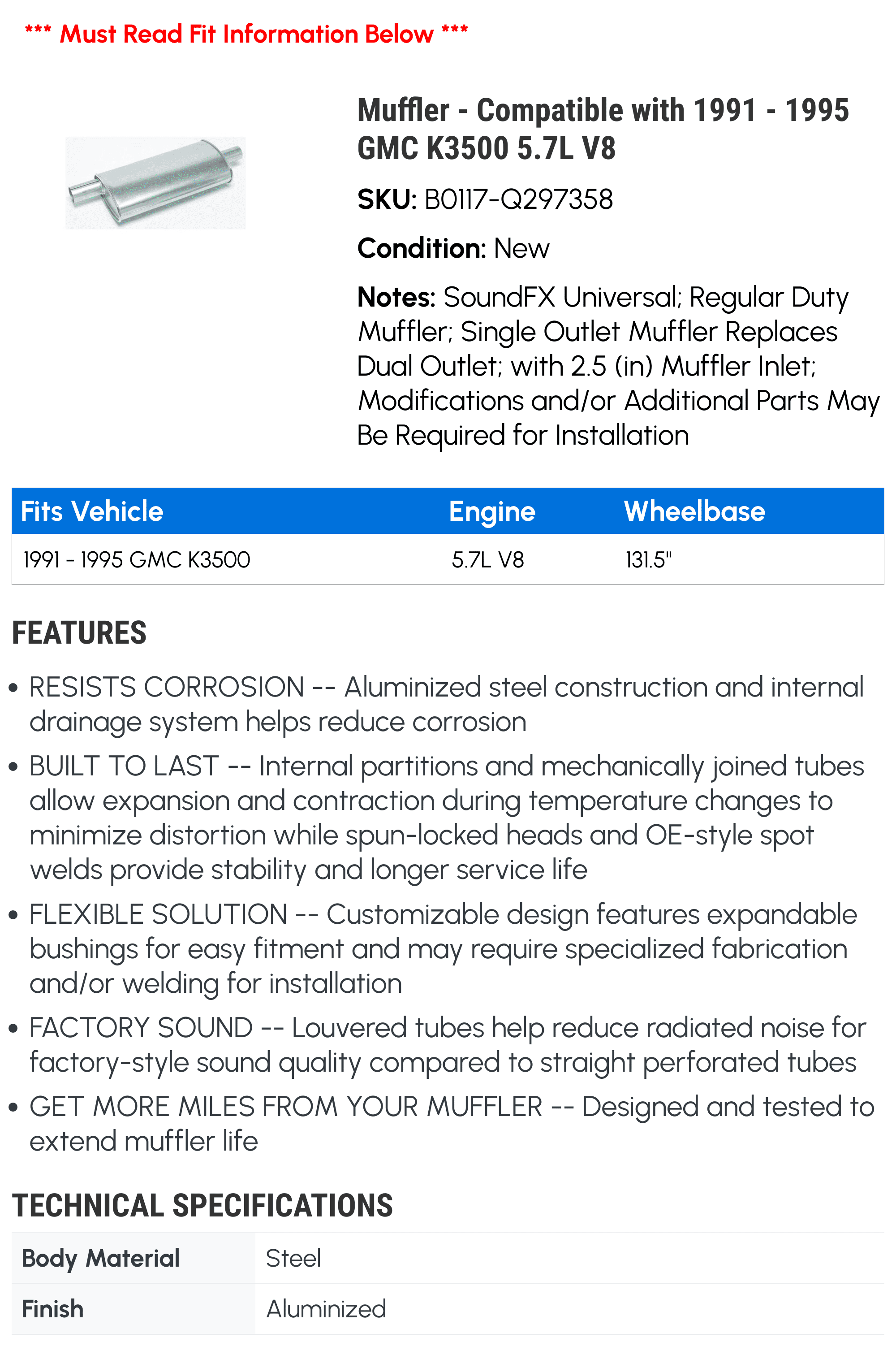 Muffler - Compatible with 1991 - 1995 GMC K3500 5.7L V8 1992 1993 1994