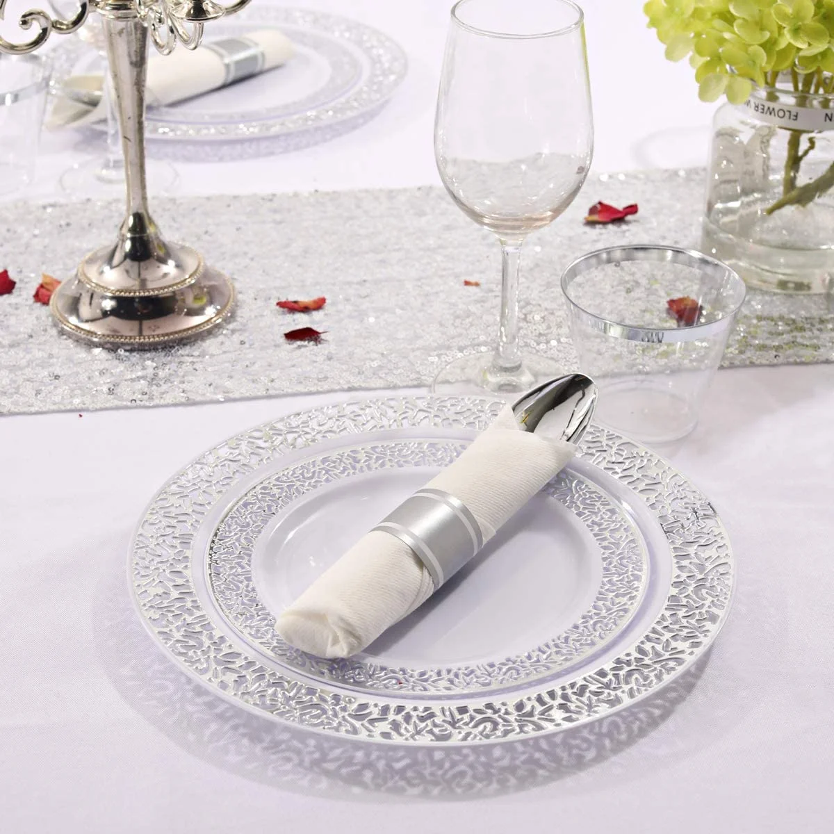 210 Pieces Silver Plastic Dinnerware, Disposable Silver Plates, Includes: 30 Dinner Plates, 30 Salad Plates, 30 Cups 9 OZ and 30 Per Rolled Napkins with Silver Cutlery, For Wedding and Party