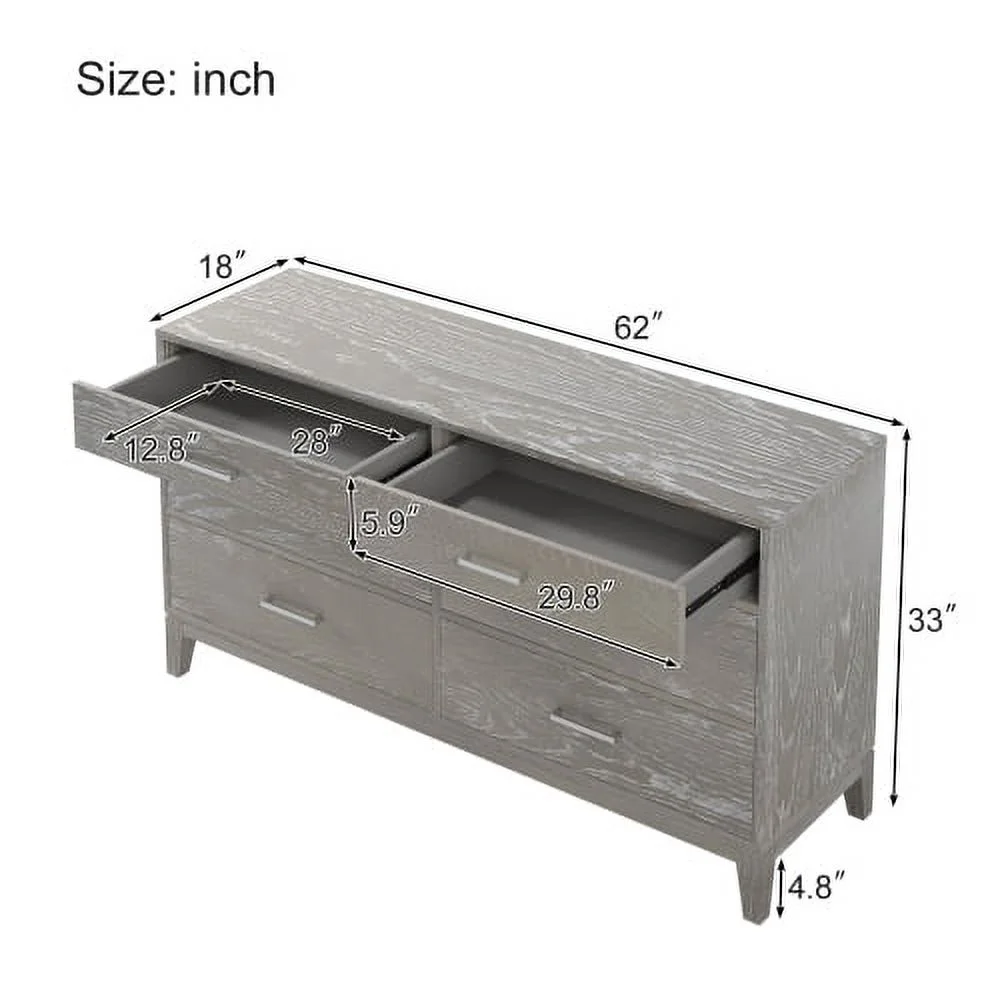 Modern Concise Style Gray Wood Grain Six-Drawer Dresser with Tapered Legs and Smooth Gliding Drawers