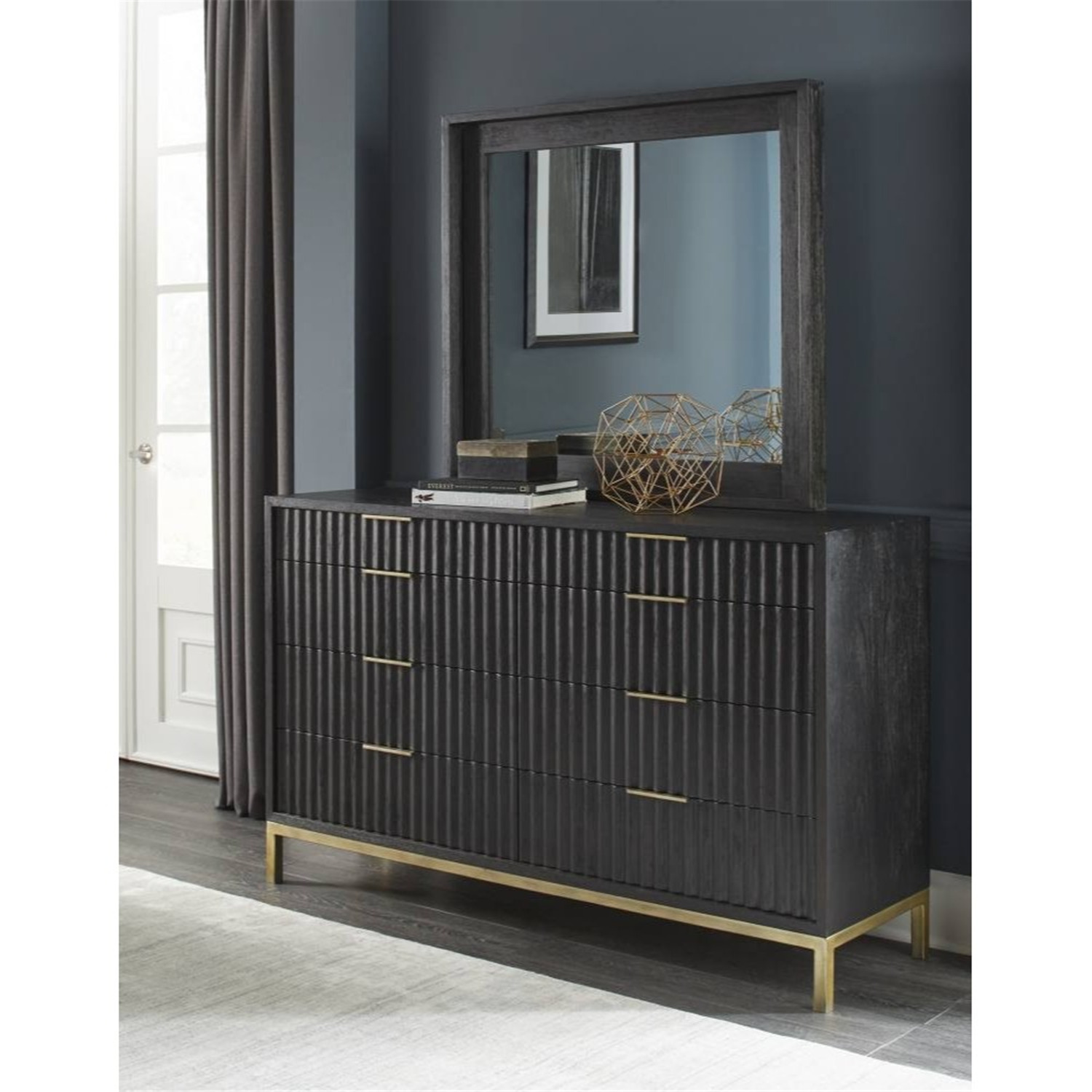 Benzara Scalloped Front Eight Drawer Dresser with Top Mount Brass Pull and Tubular Steel Base, Black