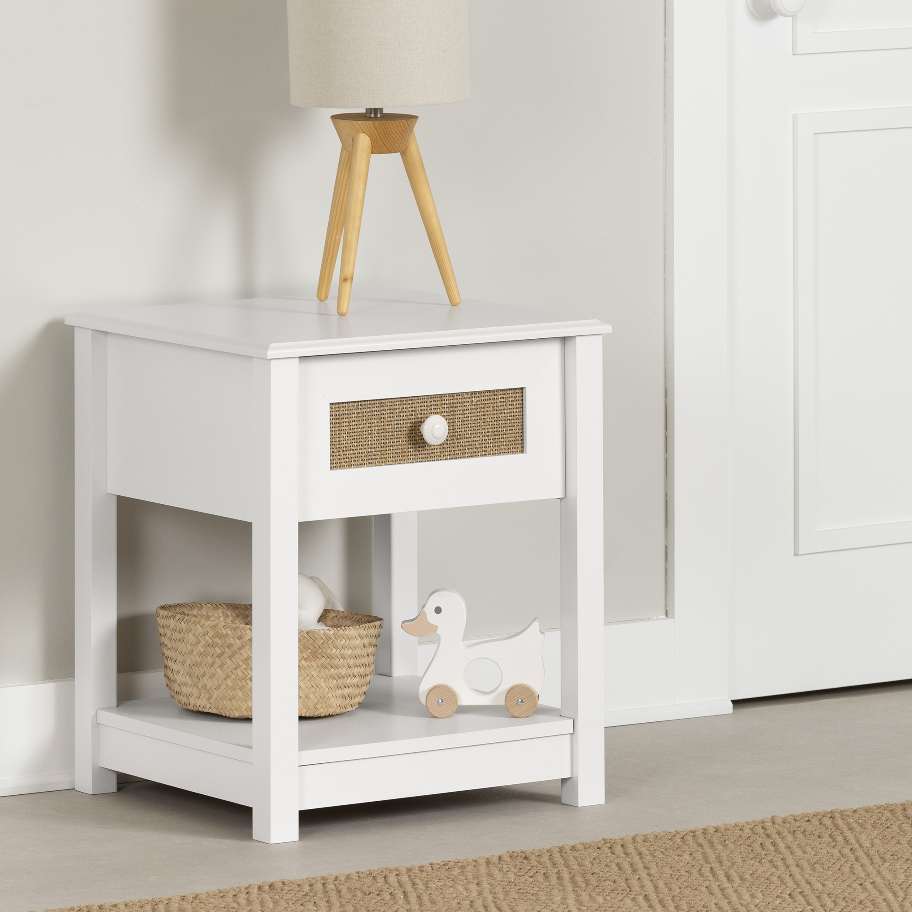 South Shore Balka, Bohemian Harmony 1-Drawer Nightstand, White and Faux Printed Rattan