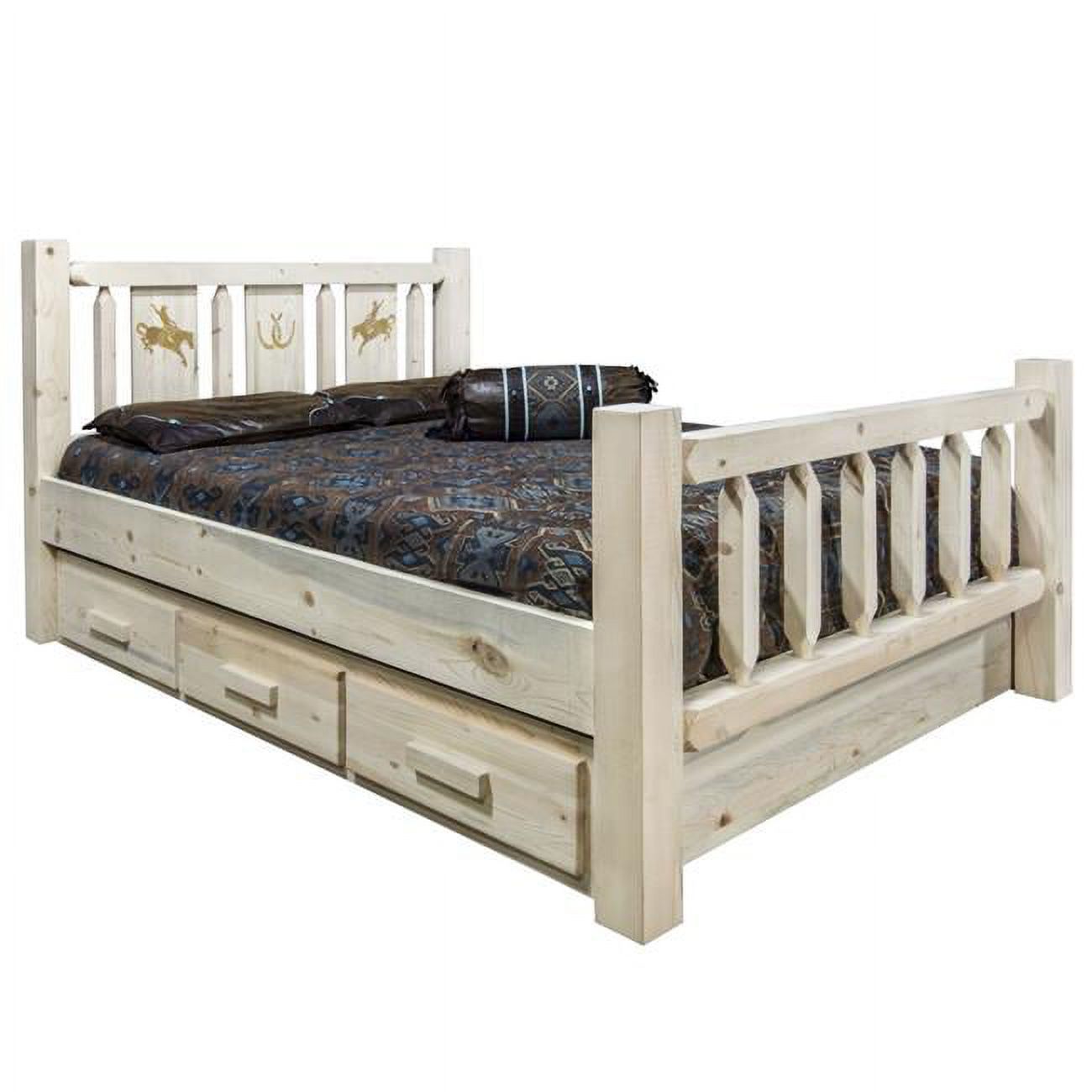 Homestead Collection Queen Size Storage Bed with Laser Engraved Bronc Design, Clear Lacquer Finish