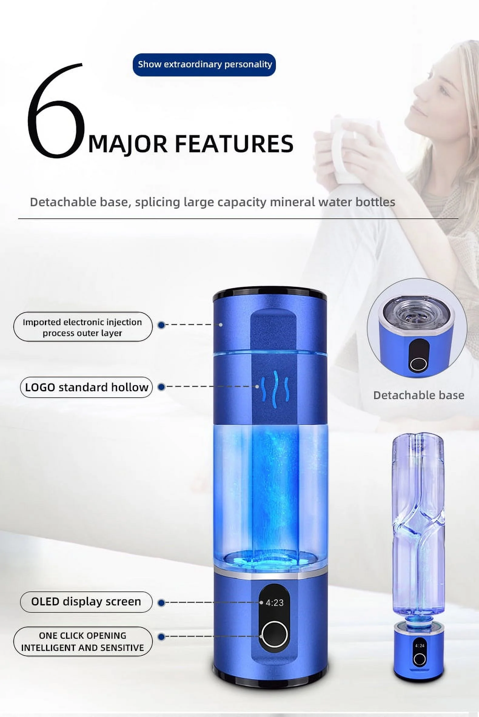 ALKA hydrogen water generator Hydrogen Rich Water Bottle Generator Max Concentration Molecular Up to 5000PPB Portable  -Blue color