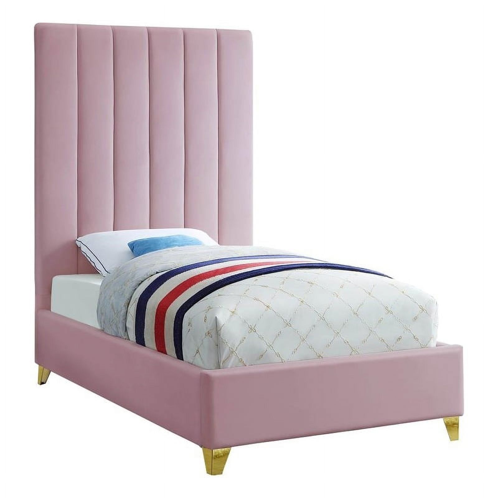 Maklaine Modern Rich Velvet Upholstered Twin Size Bed in Pink