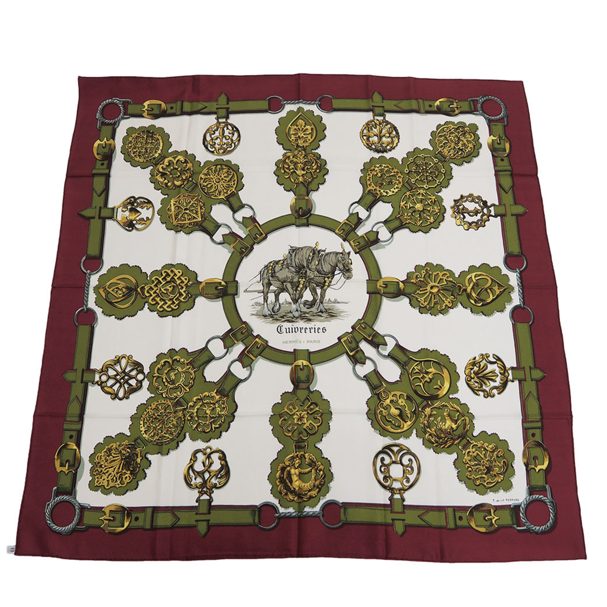 Pre-Owned HERMES Hermes Carre 90 Cuiveeries carriage horse F de LA PERRIERE Bordeaux scarf muffler (Like New)