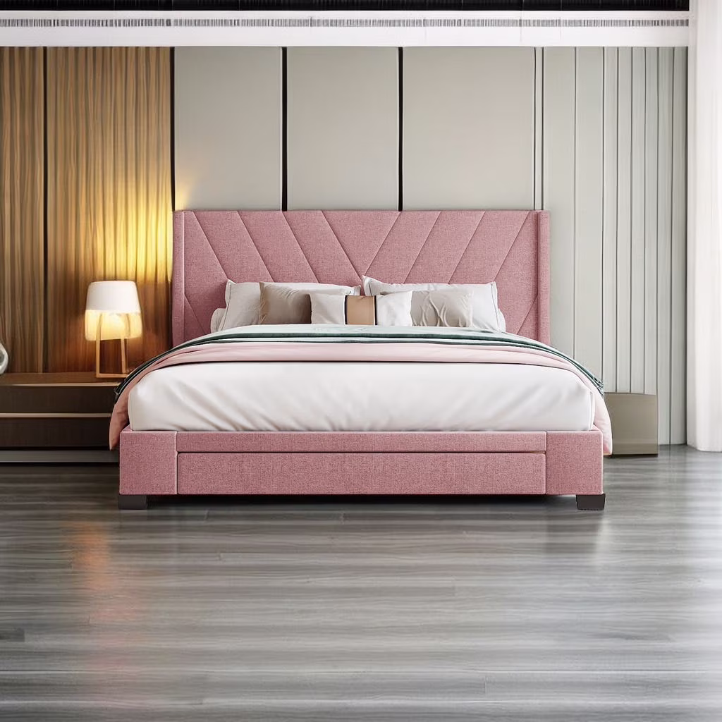 Queen Bed Frame with Storage Upholstered Platform Bed Frame with 3 Drawers and Headboard Modern Linen Queen Size Beds with Wooden Slats Support, No Box Spring Box Needed