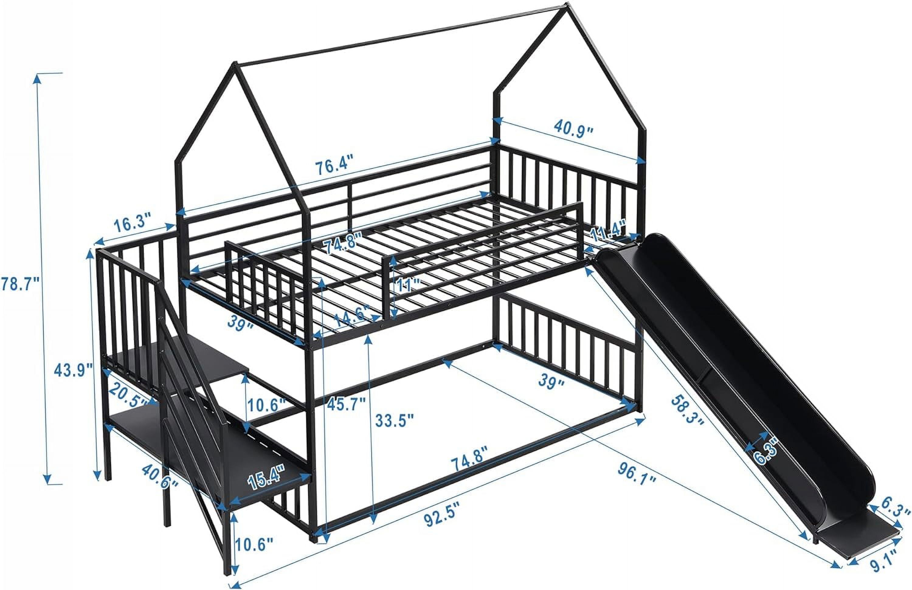 Over Metal Bunk Bed With Slide And Stairs, Low Bunk House Bed For Kids, Floor Bunk Bed, Modern Style Heavy-Duty Steel Frame (Black)