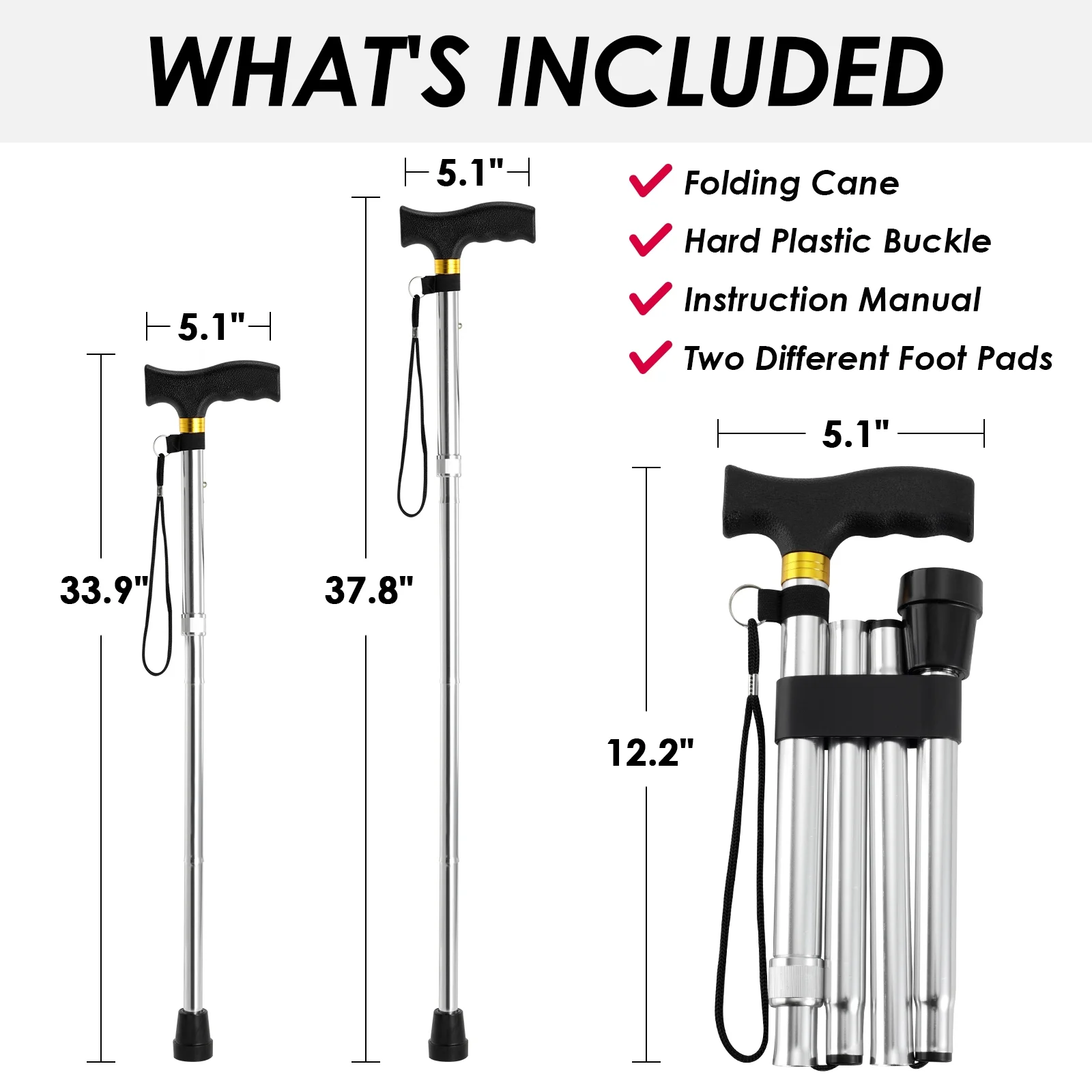 ROGTZ Folding Walking Cane, 5-Level Height Adjustable Walking Stick for Men & Women with Comfortable Plastic T-Handle Portable Walking Stick,Silver