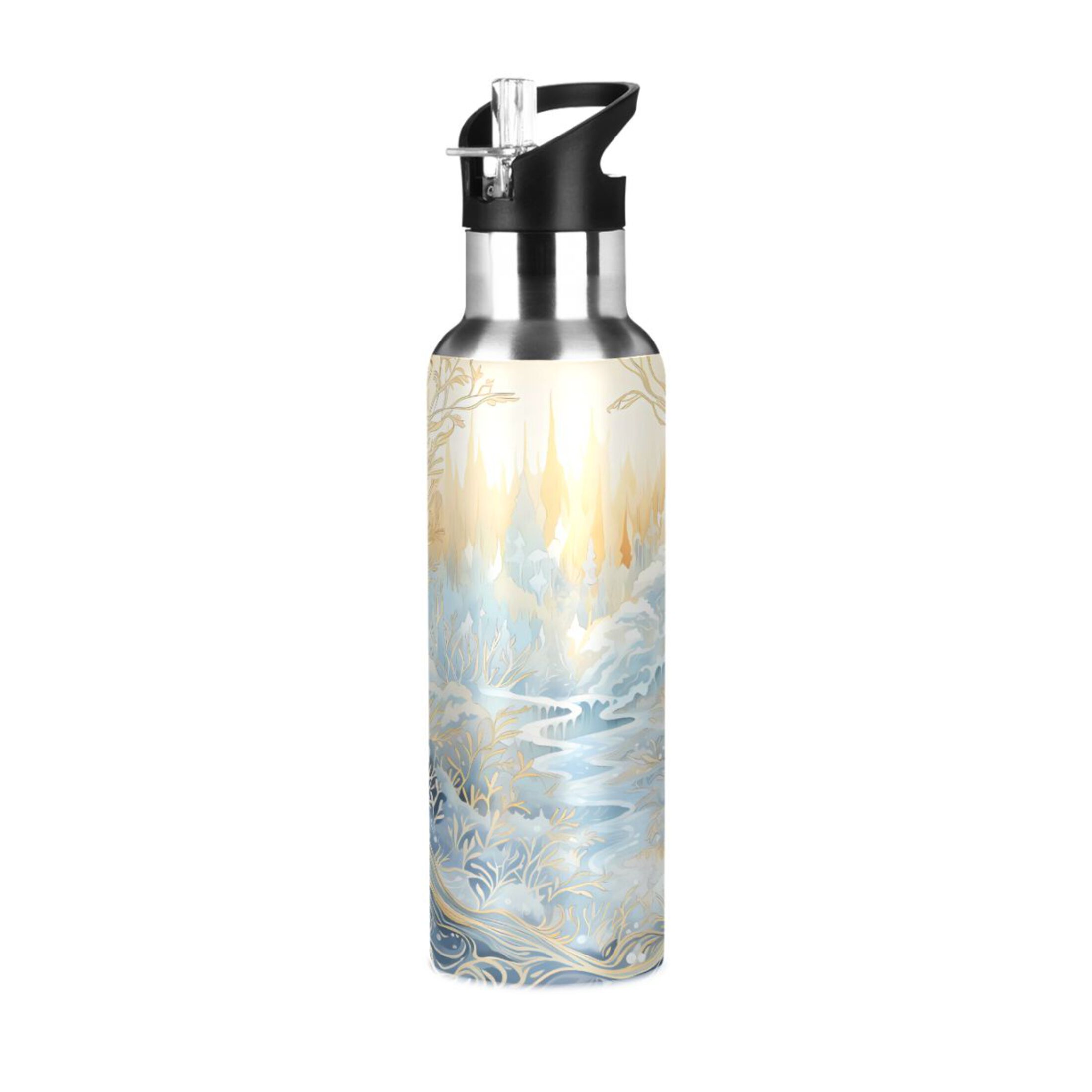 Water Bottle with Straw Lid Leak Abstract Landscape with Golden Stainless Steel Insulated Thermos Vacuum Flask for Cold Hot Drinking for Sports Camping Gym Yoga