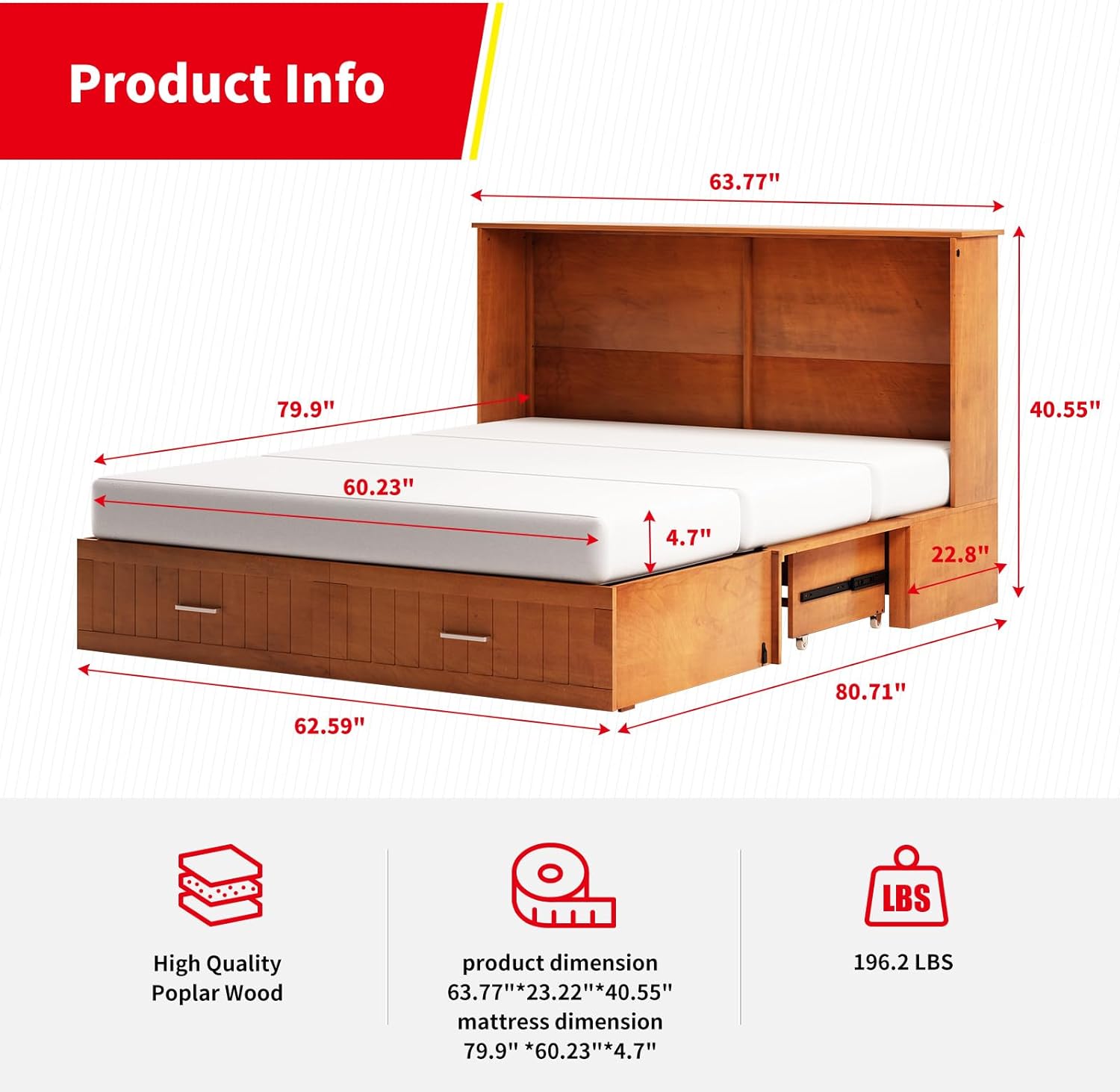 PUREMIND Murphy Bed Cabinet with Built-in Charging Station and Storage Drawer, Solid Wood Cabinet Bed Queen Size with Mattress, Murphy Cube Chest Bed for Guest Room, Home, Office,(Style 3/Cherry)