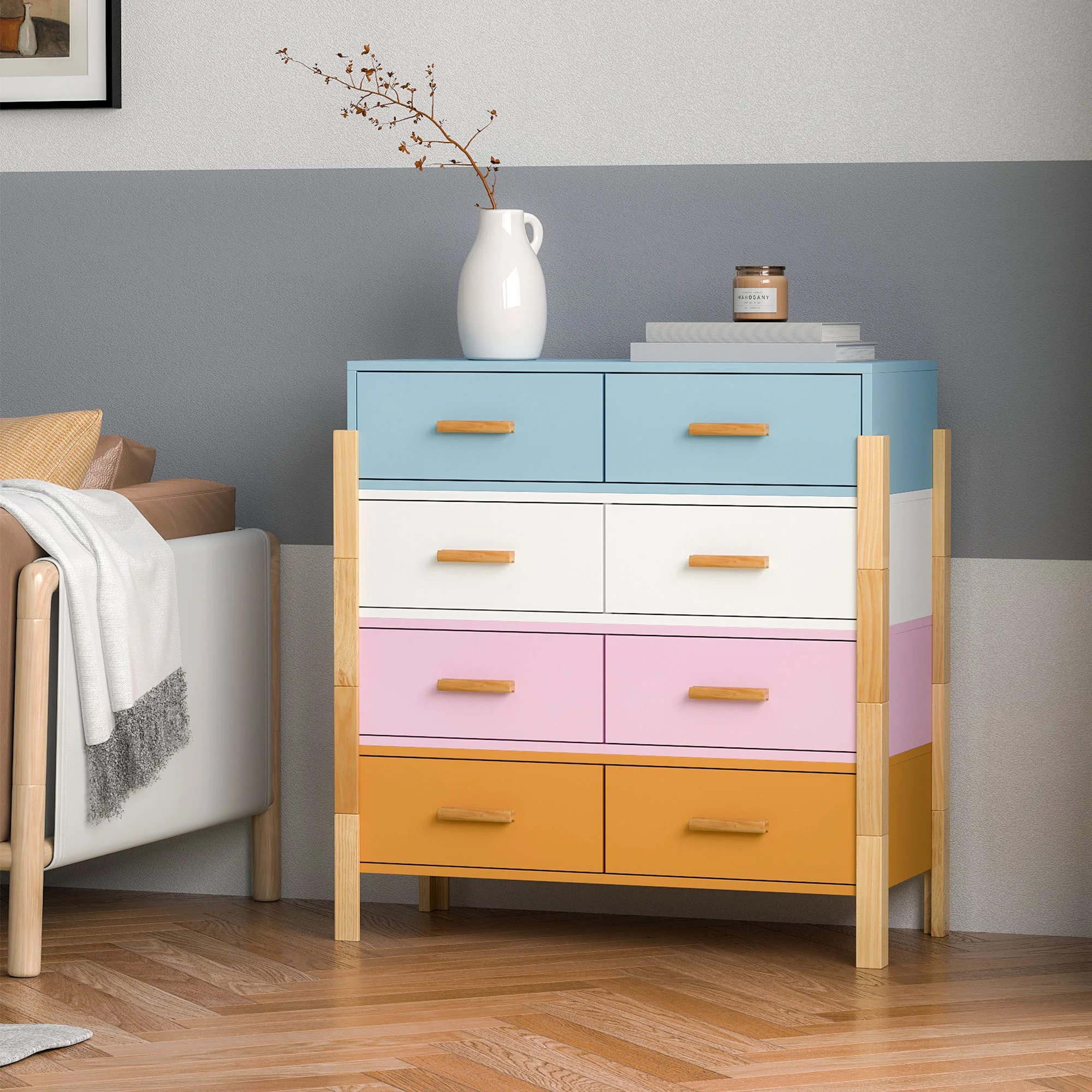 HIUU 8 Drawers Dresser for Bedroom,Wood Dresser,Modren Dresser,Chest of Drawers for Living Room,White,Pink,Blue,Orange