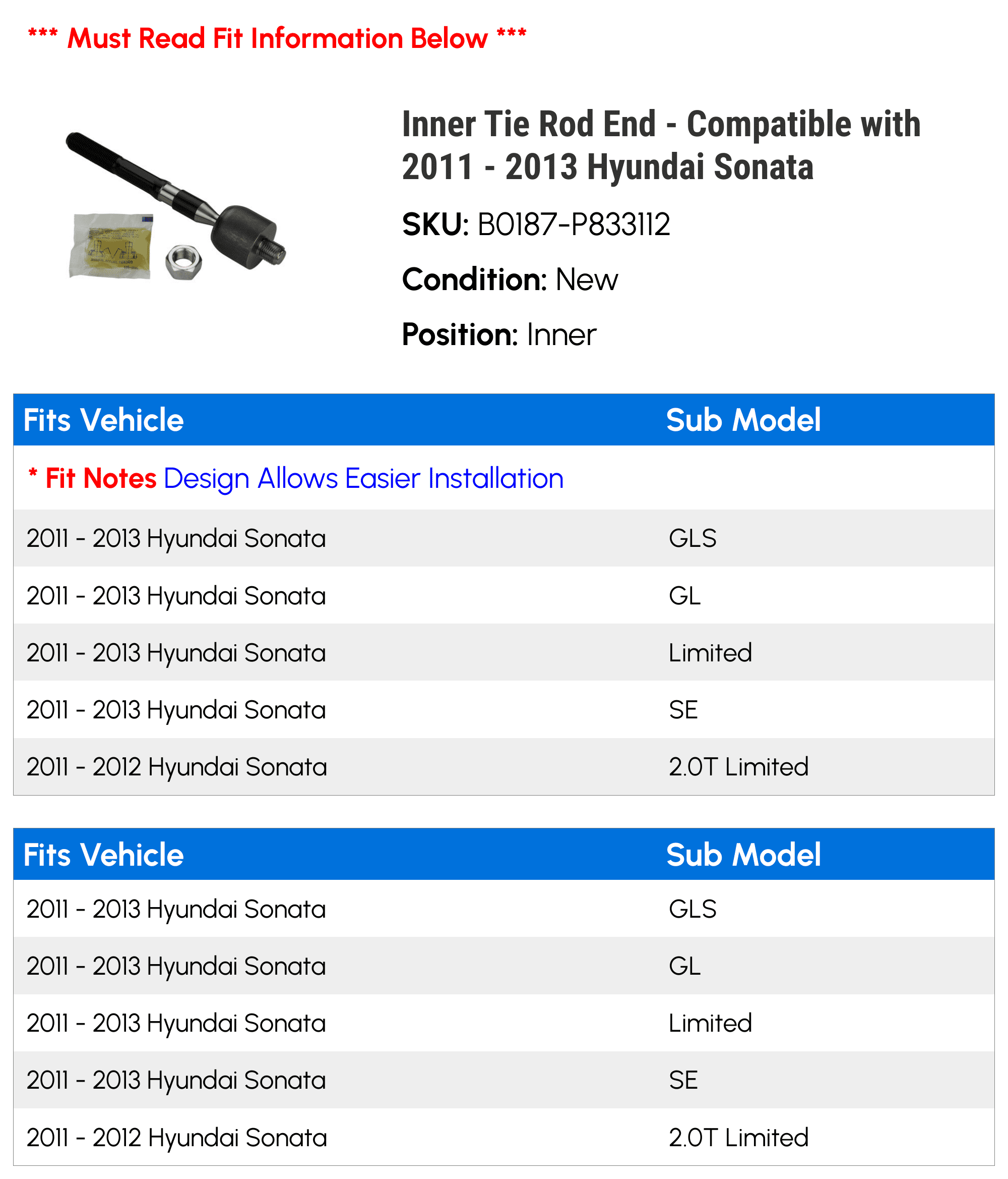 Inner Tie Rod End - Compatible with 2011 - 2013 Hyundai Sonata 2012