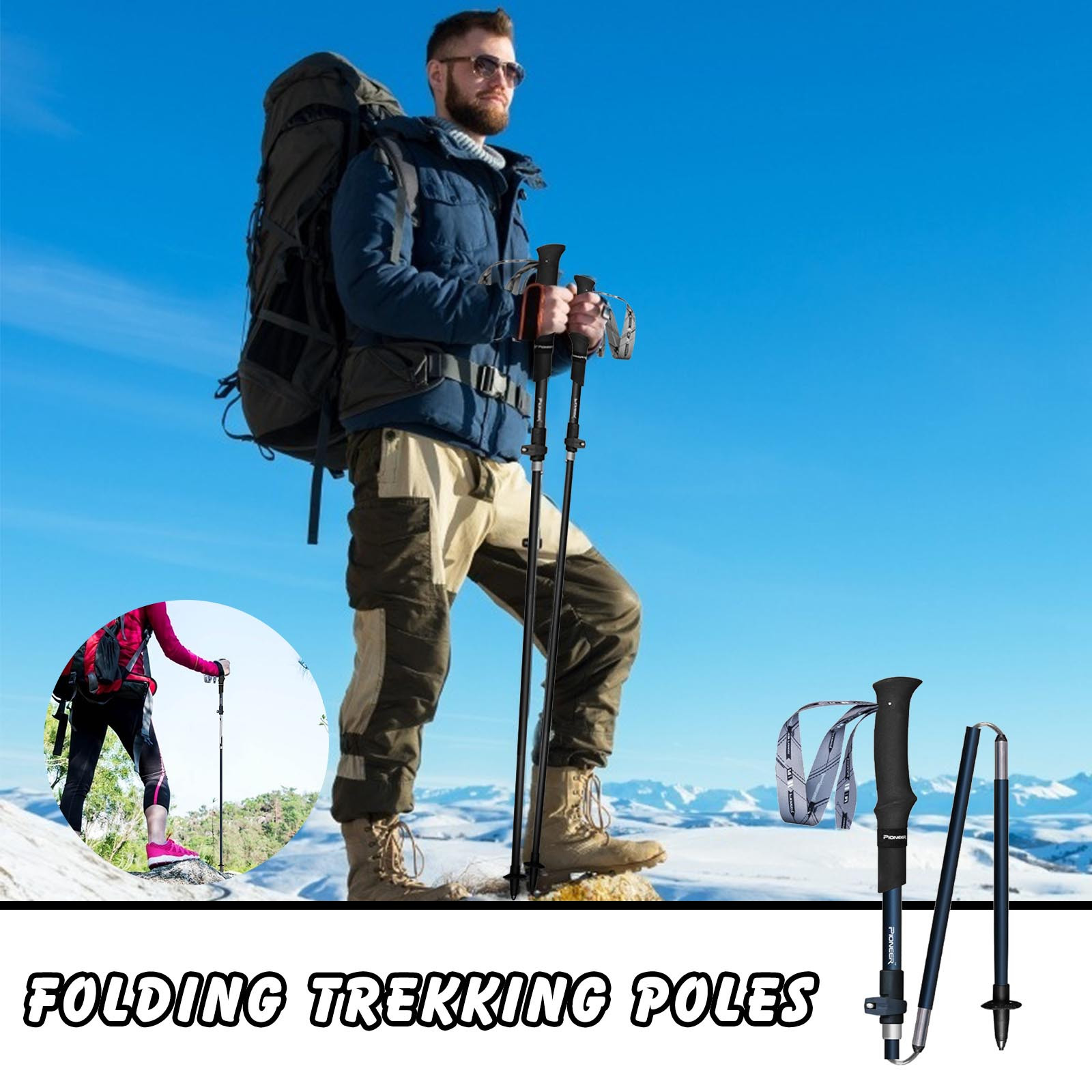 YOHOME Folding Trekking Pole Outer Lock Telescopic Carbon Fiber Cane Outdoor