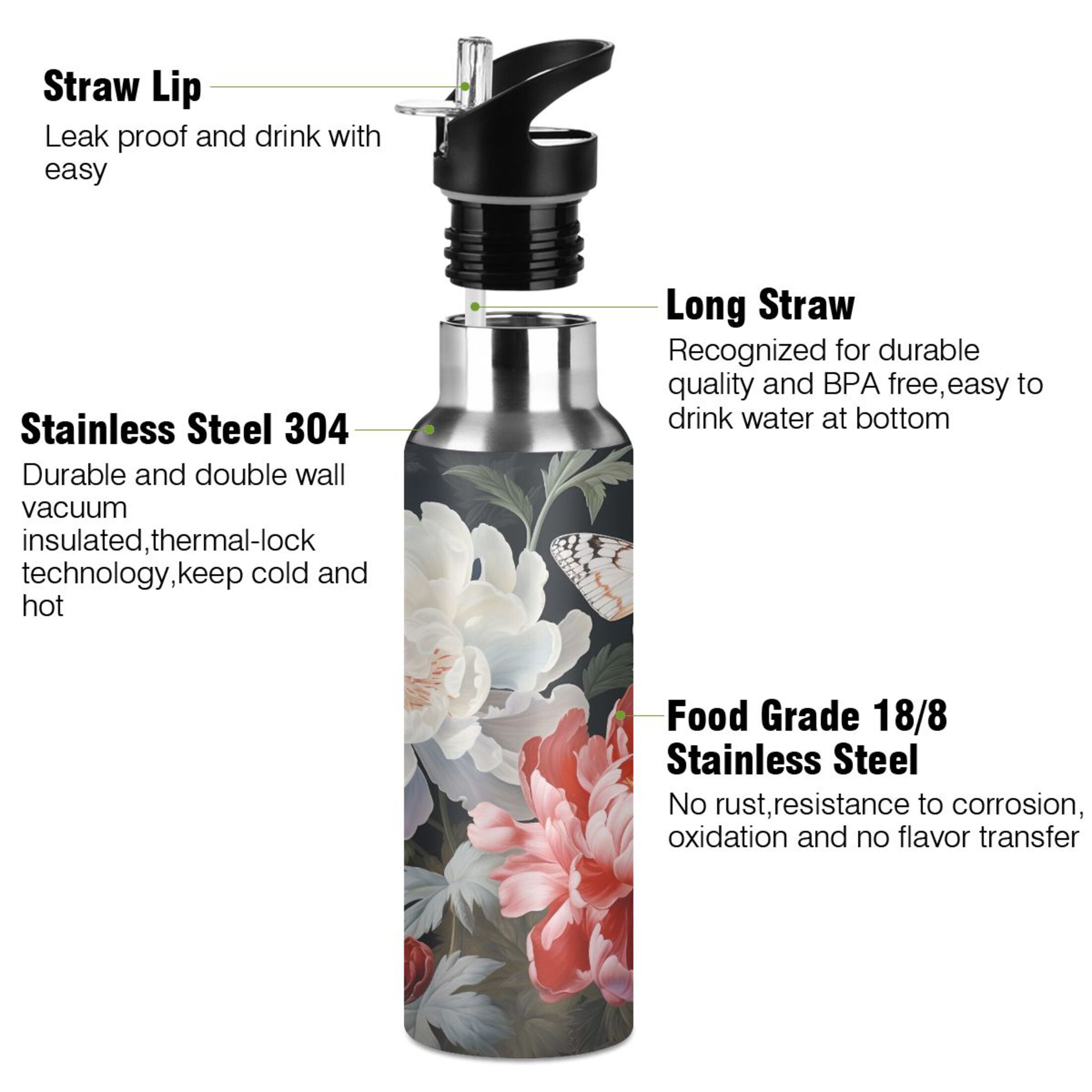 Water Bottle with Straw Lid Leak Butterflies and Flowers Stainless Steel Insulated Thermos Vacuum Flask for Cold Hot Drinking for Sports Camping Gym Yoga