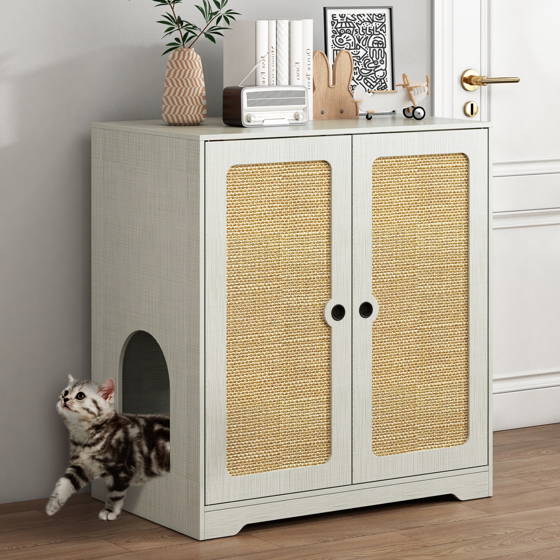 FUFU&GAGA Wood Cat Litter Box Enclosure,Furniture,with Cat Scratching Pad Doors