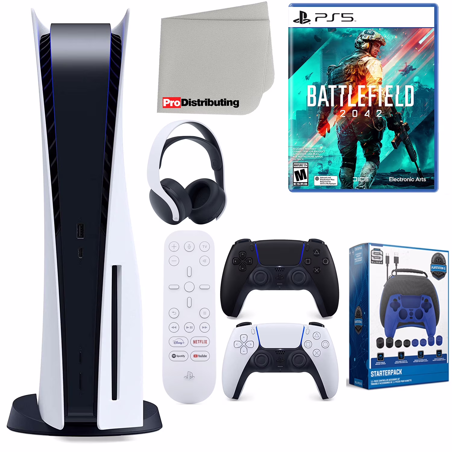 Sony Playstation 5 Disc Version (Sony PS5 Disc) with Midnight Black Extra Controller, Headset, Media Remote, Battlefield 2042, Accessory Starter Kit and Microfiber Cleaning Cloth Bundle
