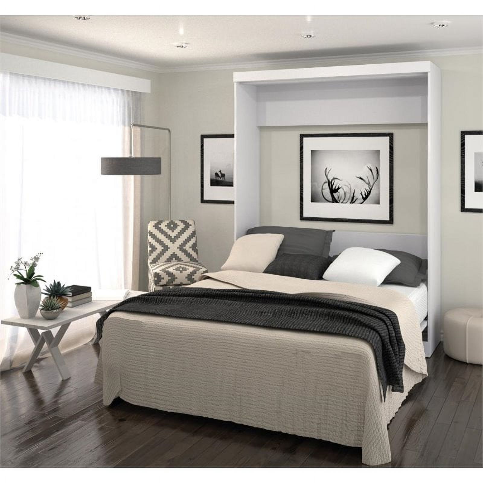 Pemberly Row Modern Wood Queen Wall Bed with Cabinet in White