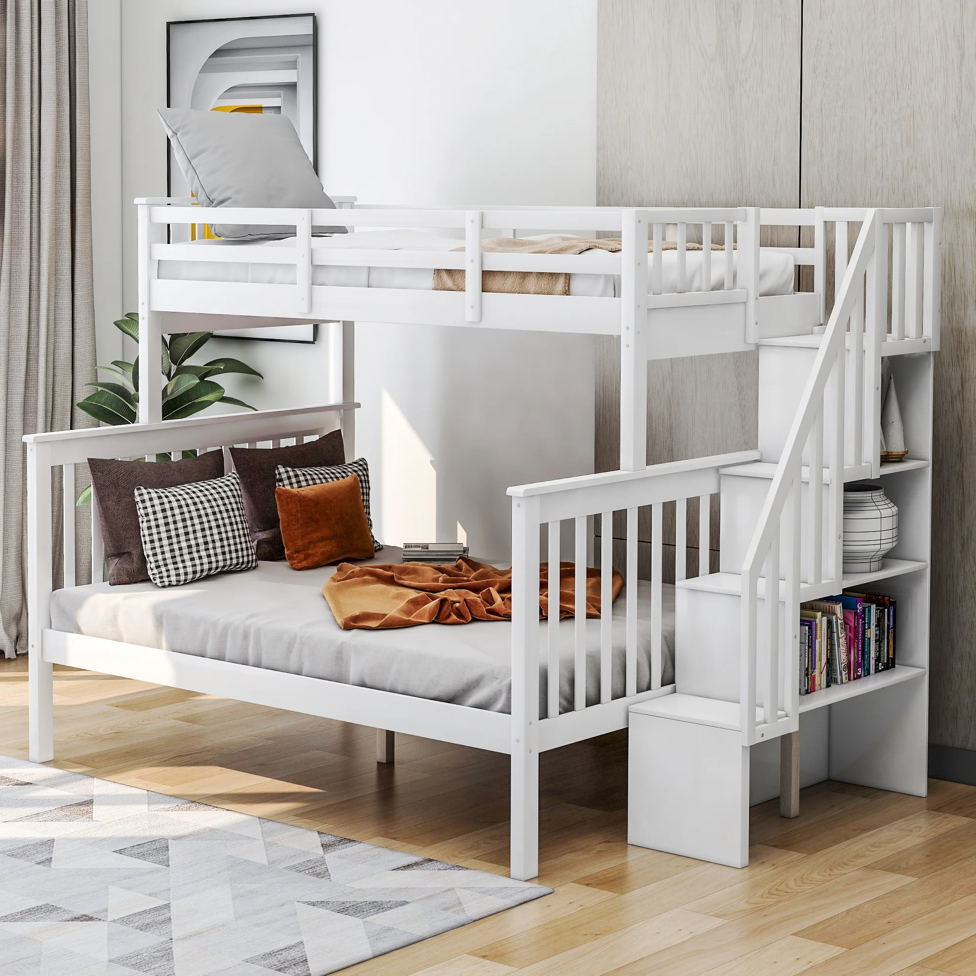 White Stairway Twin-Over-Full Bunk Bed with Storage and Guard Rail for Bedroom
