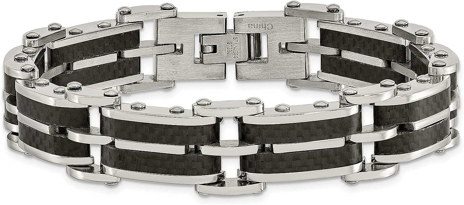 Chisel Stainless Steel Polished with Solid Black Carbon Fiber Link Bracelet - 8