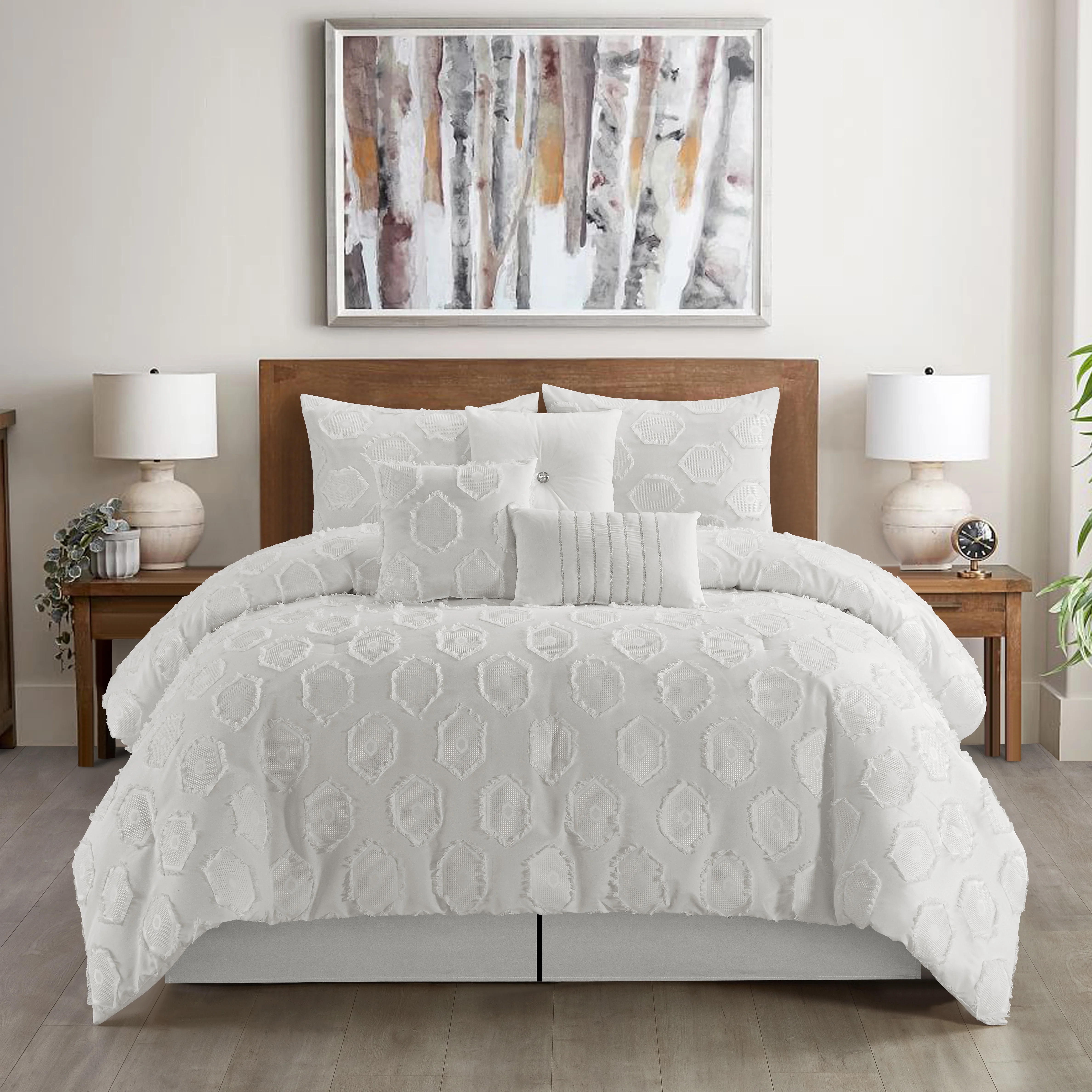 Lanco Honeycomb Shabby Chic 7 Piece Comforter Set White, Bed Size Queen, Luxury