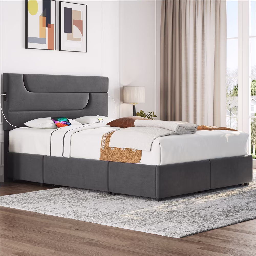 Yaheetech Upholstered Platform Bed Frame with 4 Storage Drawers and USB Ports,Queen,Dark Gray