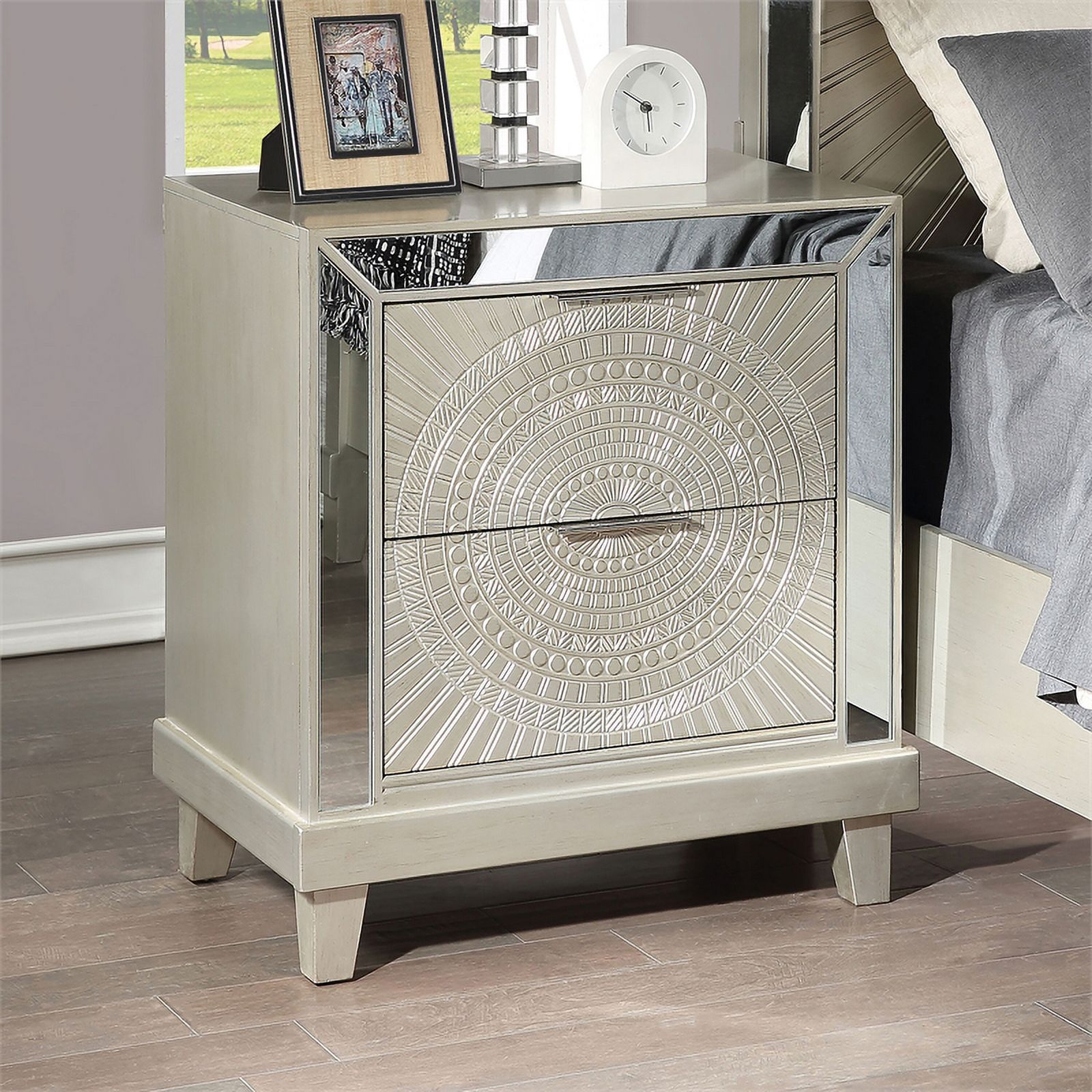 FOA Suie 5pc Champagne Gold Wood Bed Set - King+2 Nightstands+Dresser+Mirror