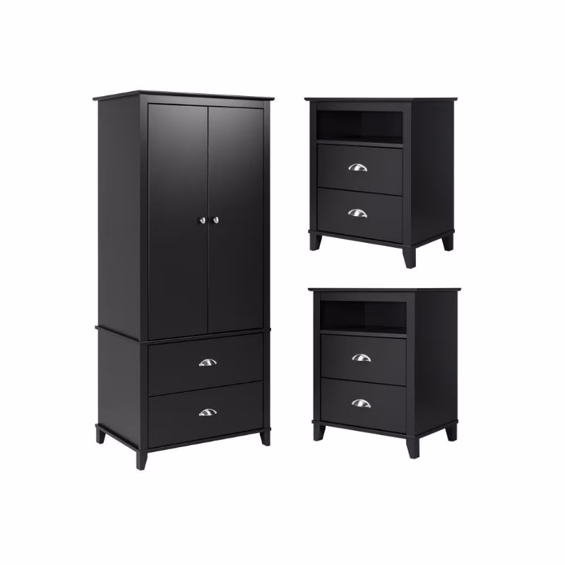 Home Square 3-Piece Set with 2 2-Drawer Nightstands & Wardrobe Armoire in Black