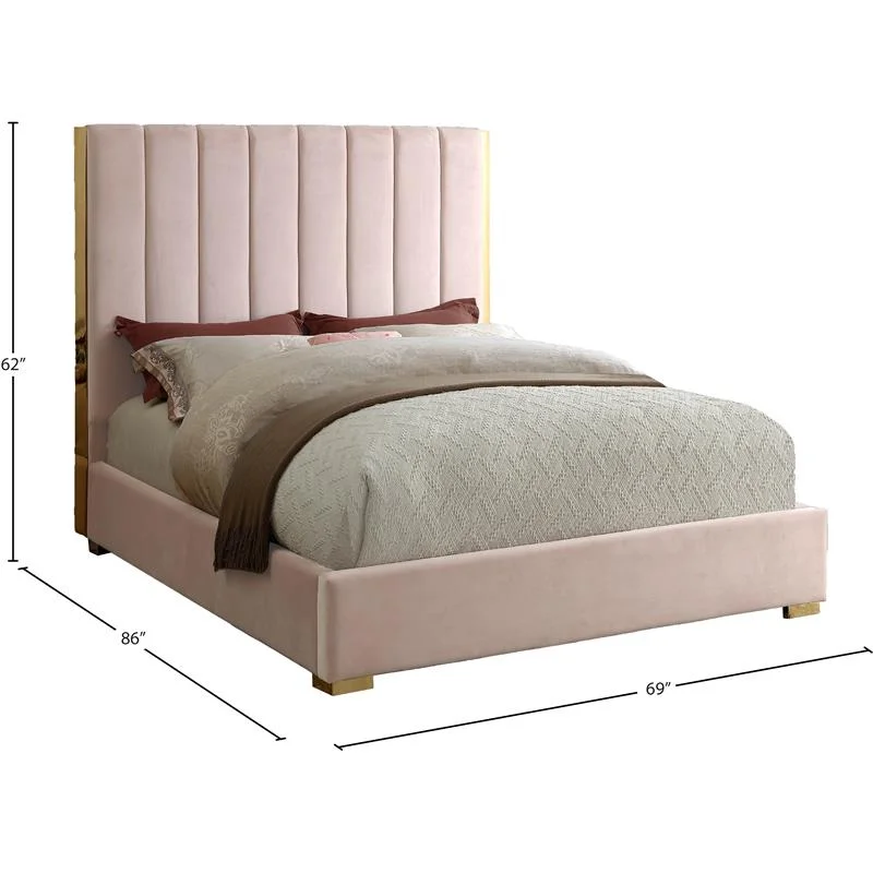 Meridian Furniture Becca Metal and Velvet Queen Bed in Pink