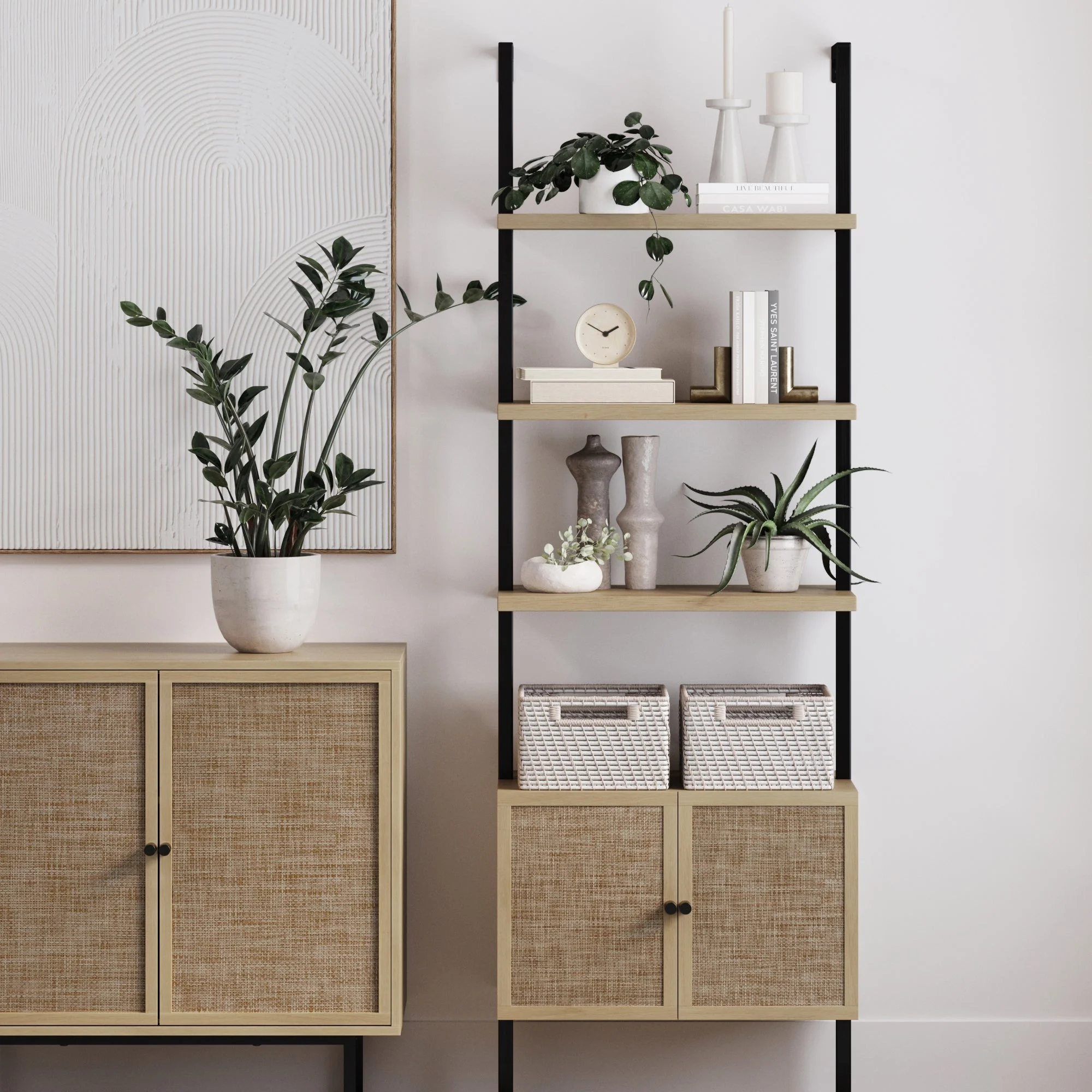 Nathan James Theo Open Shelf Bookcase with Rattan Drawers in Light Oak Wood and Matte Black Frame