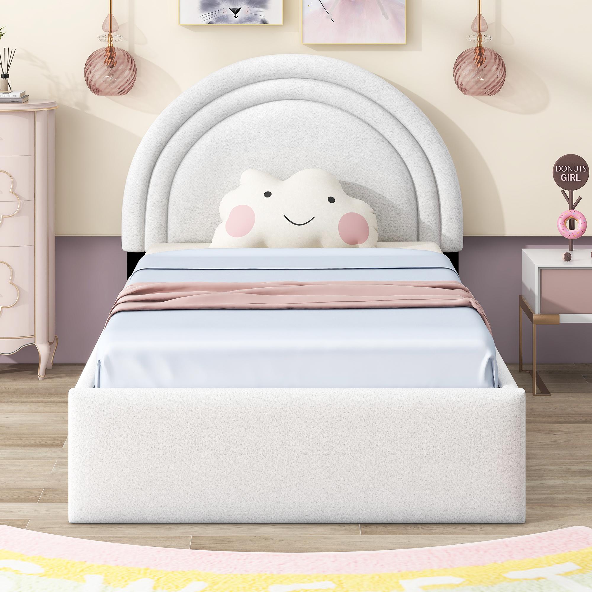 CoSoTower Teddy Upholstered Platform Bed with Four Drawers, Twin, White