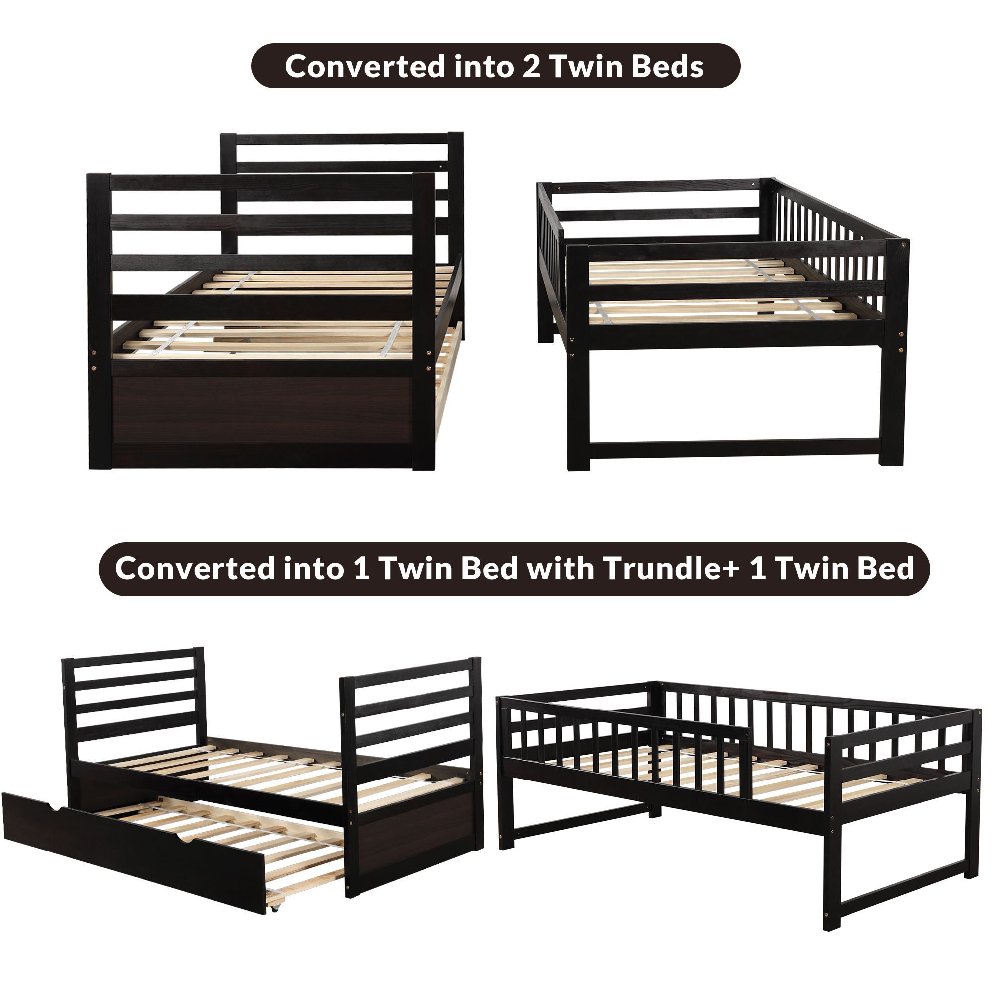 Twin Over Twin Bunk Beds with Safety Rail and Movable Trundle Bed Twin Over Twin Pull-Out Bunk Beds, Solid Wood No Box Spring Needed