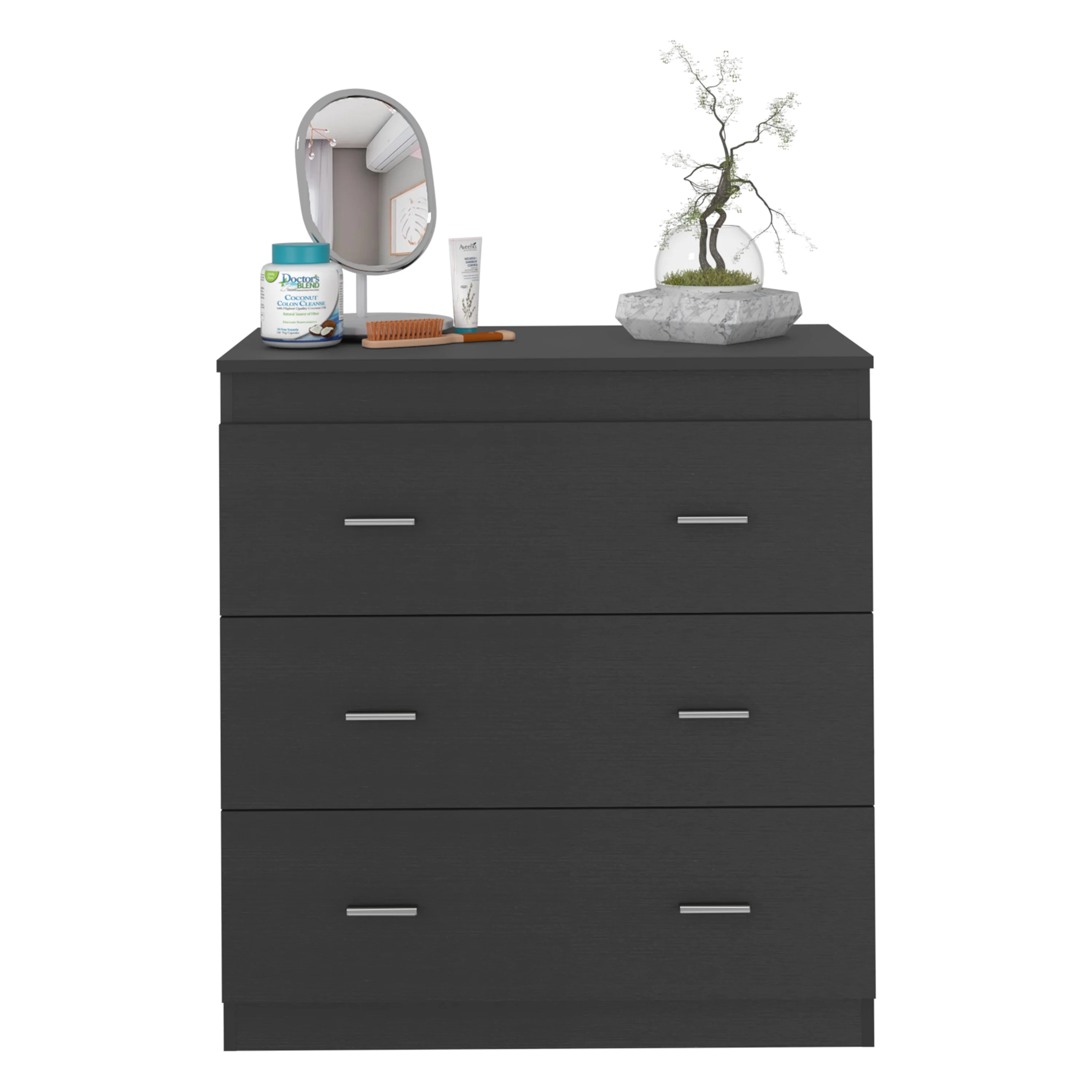 CoSoTower Three Drawer Dresser Litress, Metal Handles, Black Wengue Finish