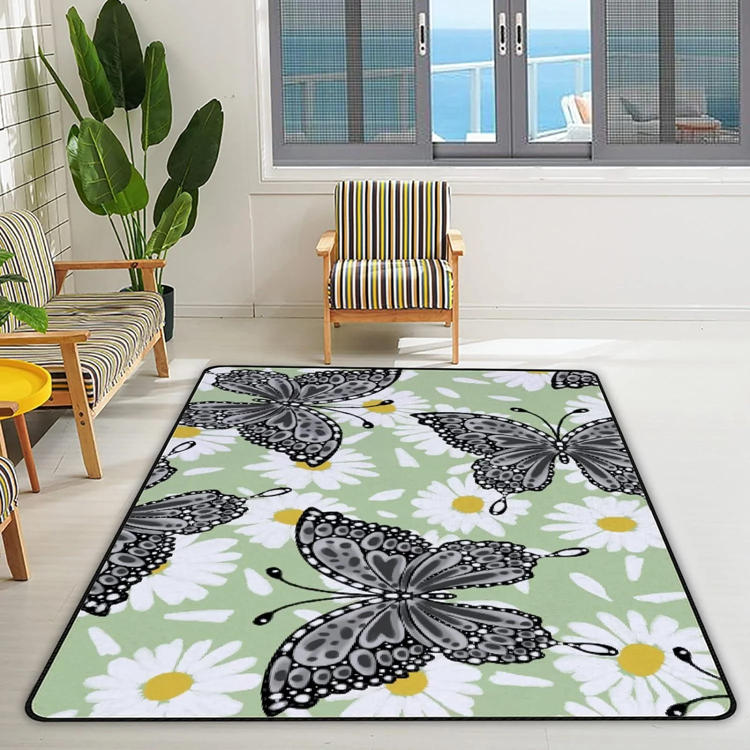 Wellsay Crawling Indoor Carpet Play Mat Butterflies Chamomile Flowers for Living Room Bedroom Educational Nursery Floor Mat Area Rugs 60x39in