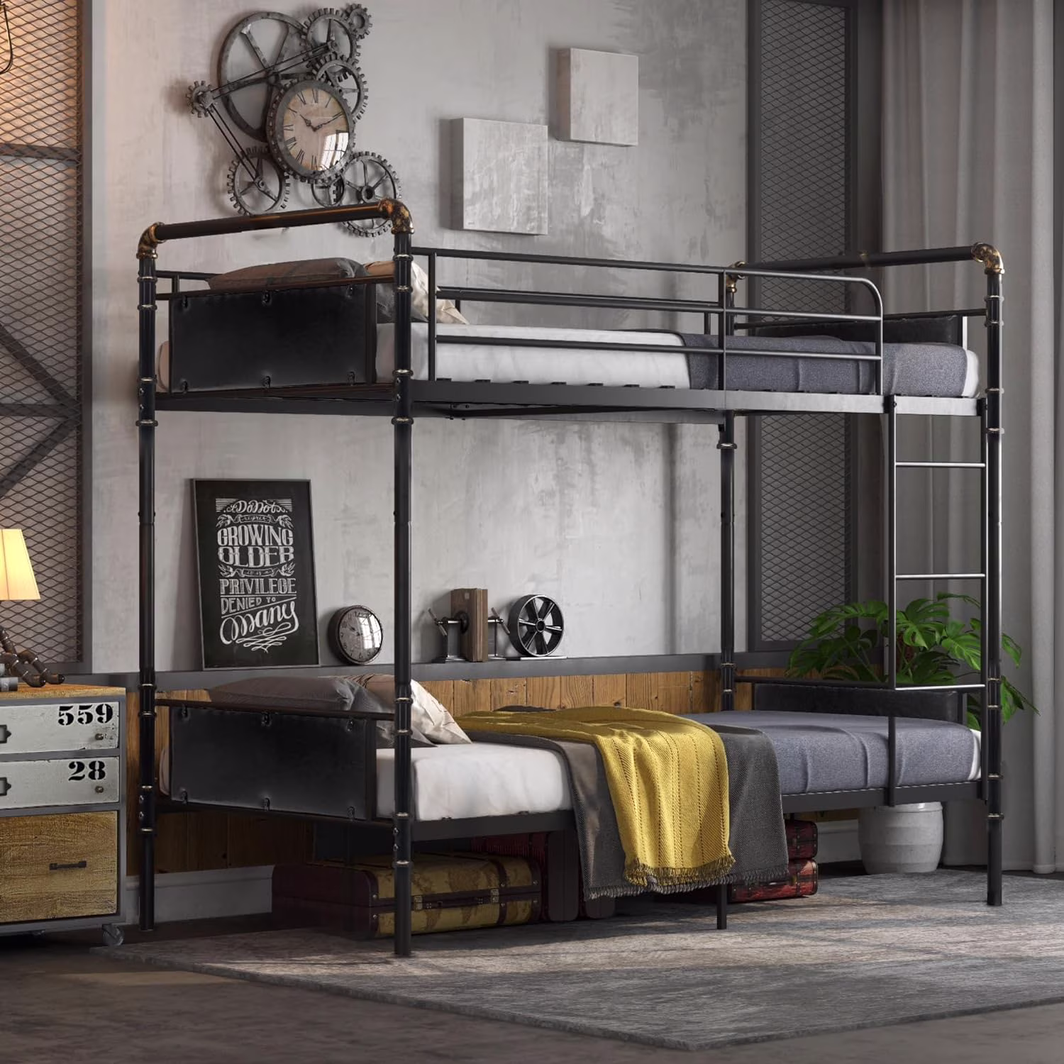 Alohappy Twin Over Twin Bunk Bed, Convertible Twin Bunk Beds Into 2 Individual Bed, Removable Ladder & Safety Guard Rail for Kids, Easy Assembly, No Box Spring Needed (Black)