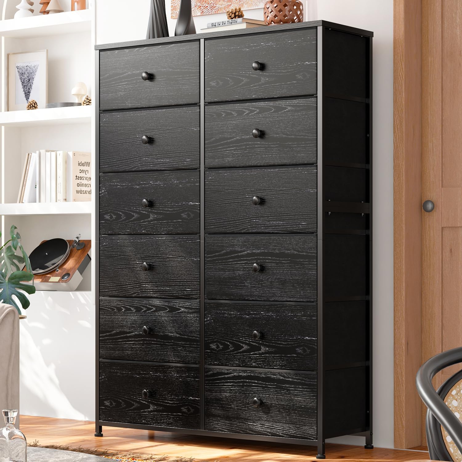 Tall Dressers for Bedroom, 12 Drawer with Wooden Top and Metal Frame, Fabric Dresser & Chest of Drawers for Closet Living Room, Black Wood Veins, 11.9