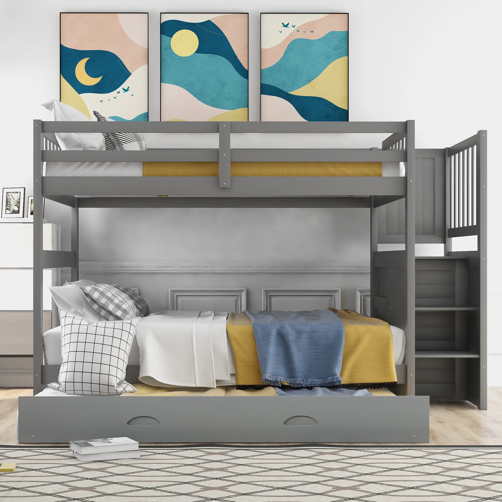 Full Over Full Bunk Bed with Twin Size Trundle and Stairway Convertible to Separate 2 Beds Full-Length Safety Guard Rail No Box Spring Needed