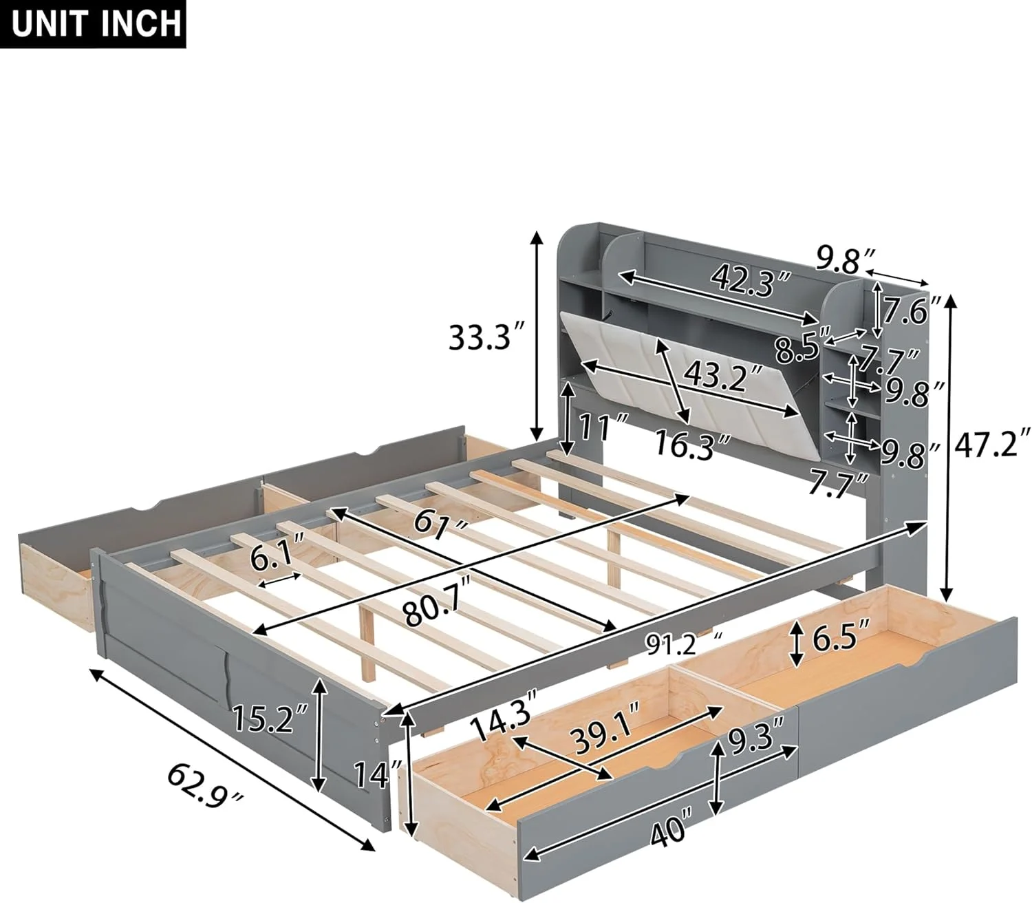 Wood Queen Bed With Storage Headboard And 4 Drawers, Queen Platform Bed Frame With Bookshelf And Slats Support, For Kids Teens Adults - Gray