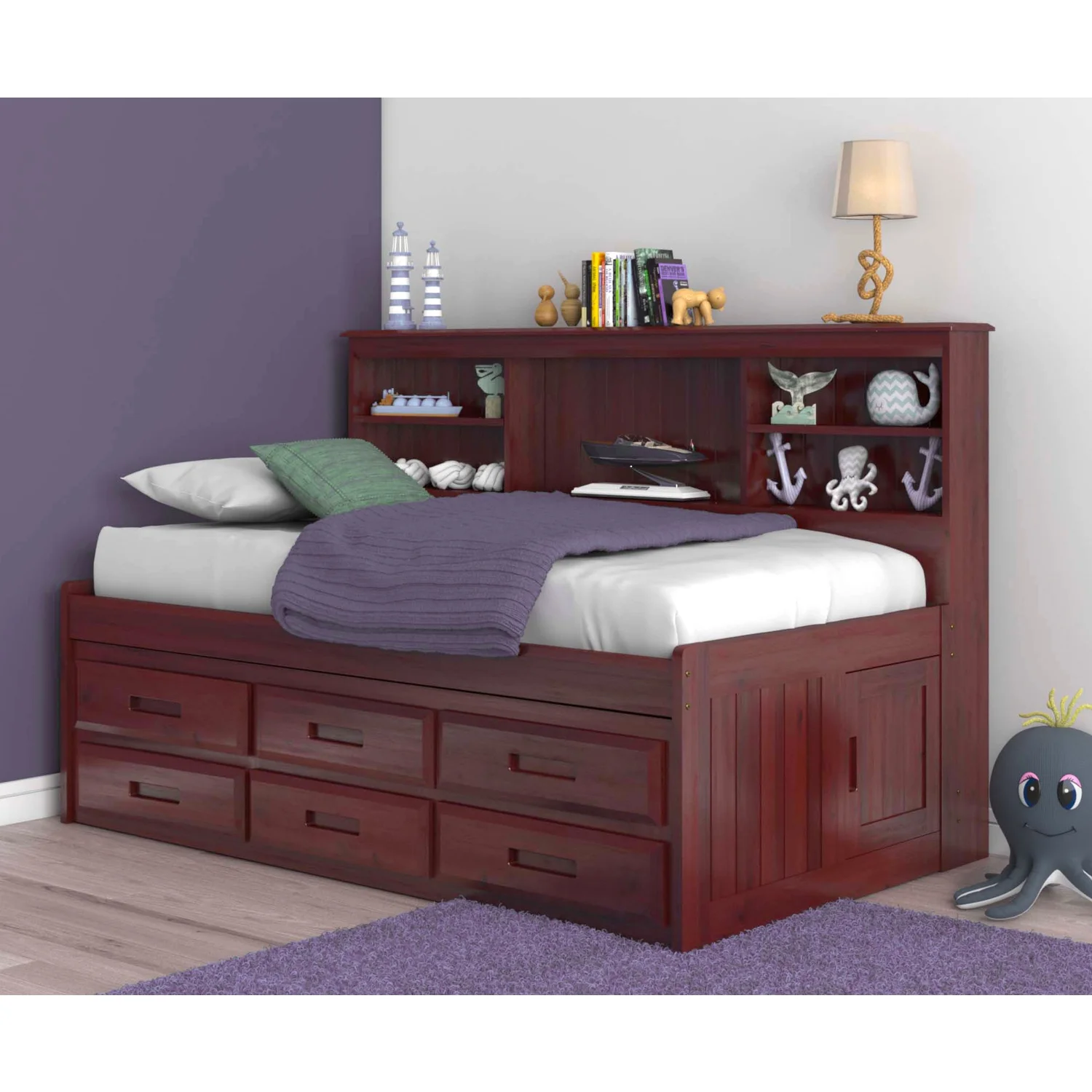 OS Home and Office Furniture Model 2822-K6-KD, Solid Pine Twin Daybed with Six Sturdy Drawers in Rich Merlot
