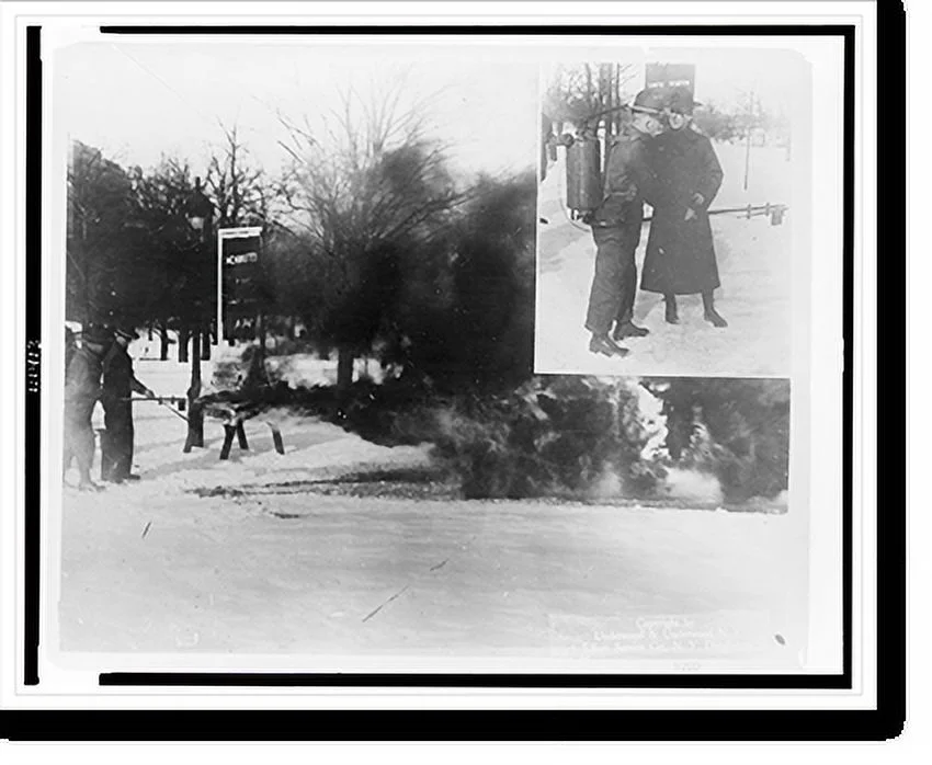 Historic Framed Print, Army flame throwers melt city snow, 17-7/8