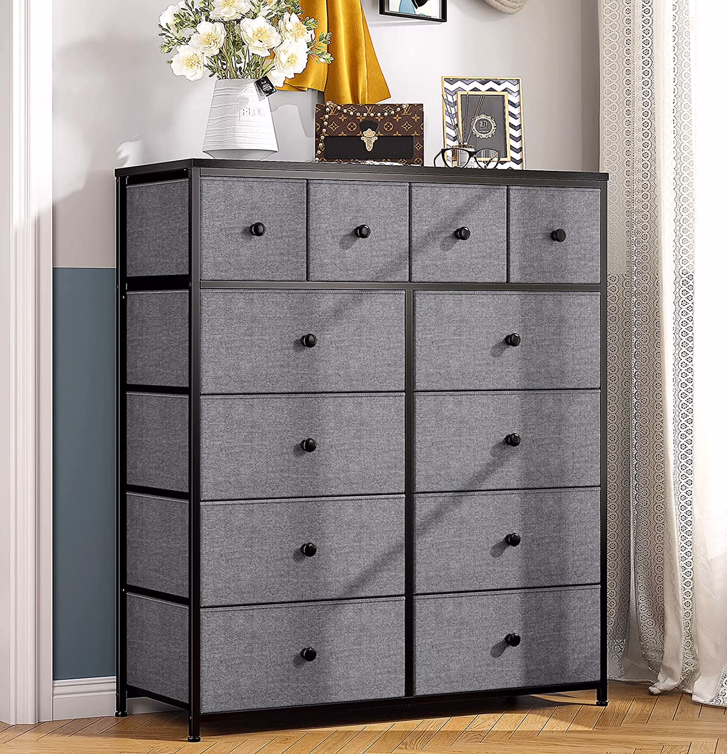 Popular Tall Dressers for Bedroom  12 Drawer Dresser with Wooden Top and Metal Frame  Fabric Storage Drawer Dresser & Chest of Drawers for Bedroom Closet Organizer  40.5" W x 11.8