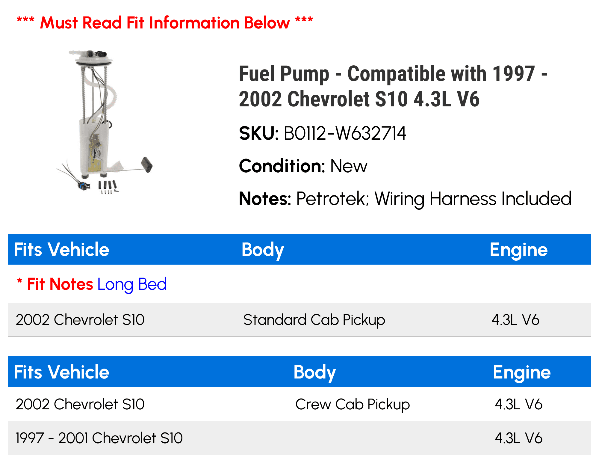Fuel Pump - Compatible with 1997 - 2002 Chevy S10 4.3L V6 1998 1999 2000 2001