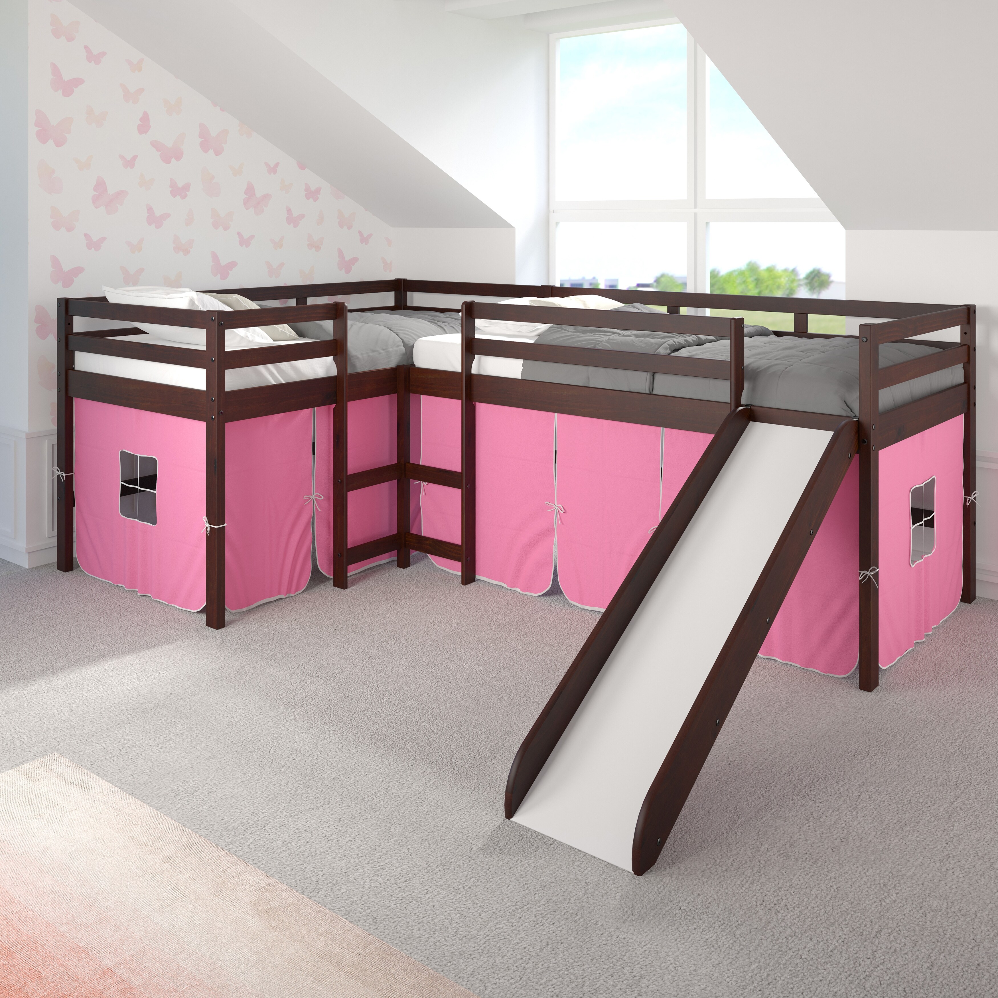 Double Twin L-Shaped Slide Loft with Optional Tent Pink With Pink Tent