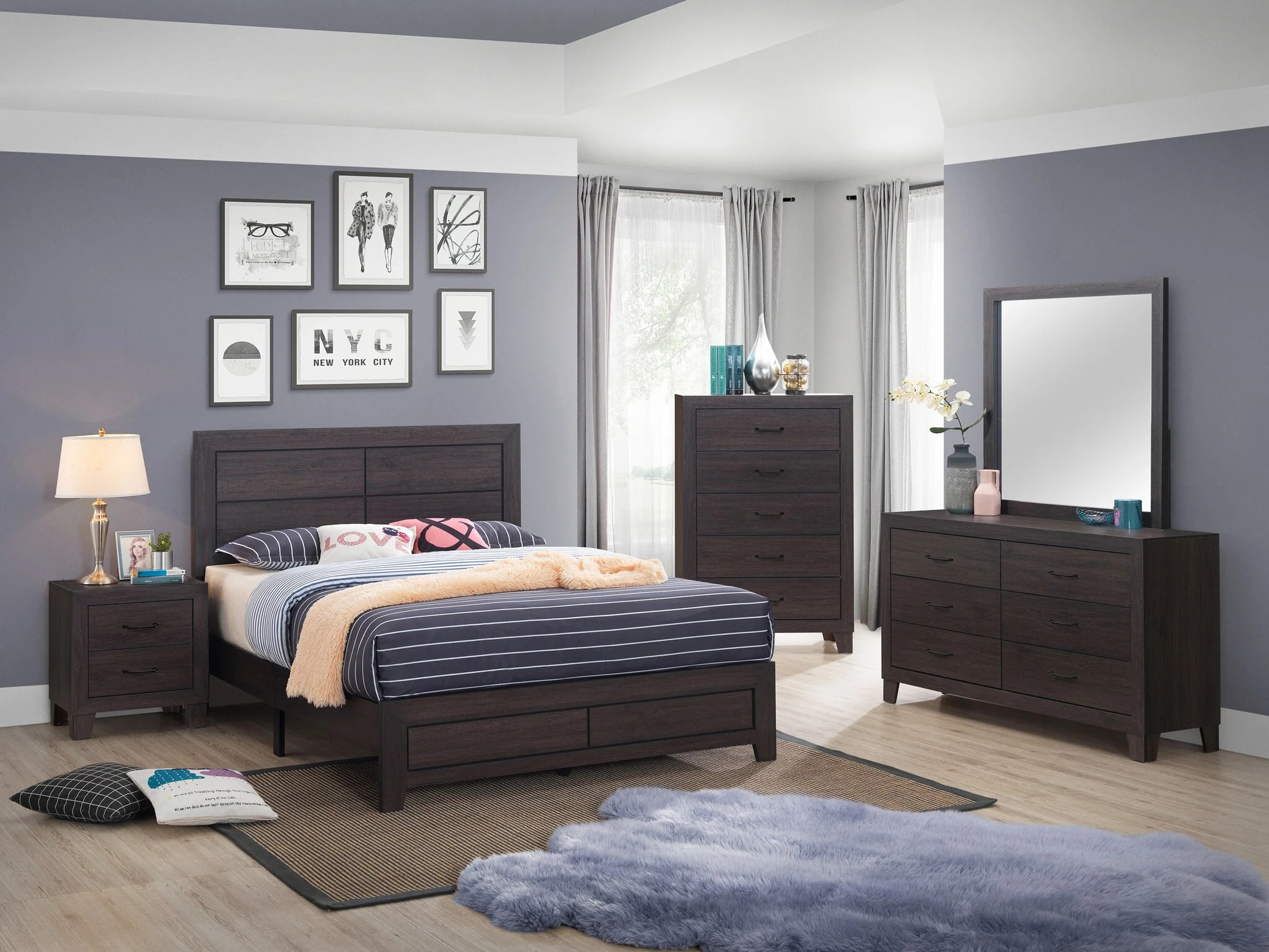 Transitional 4pc Twin Size Platform Bedroom Set Brown Finish Bed Dresser Mirror Nightstand Wooden Furniture