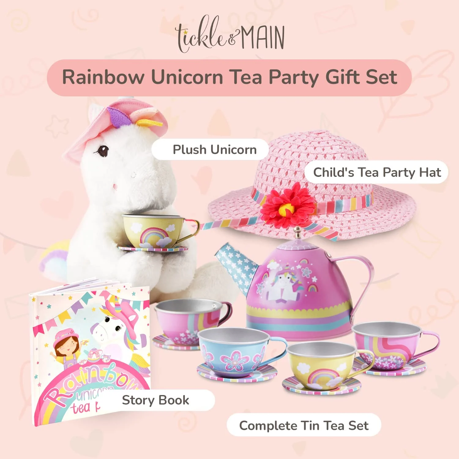 Tickle & Main Rainbow Unicorn Tea Party Gift Set: Includes Storybook, Child’s Hat, Plush Unicorn, Tin Tea Set - Pretend Play for Toddlers and Little Girls