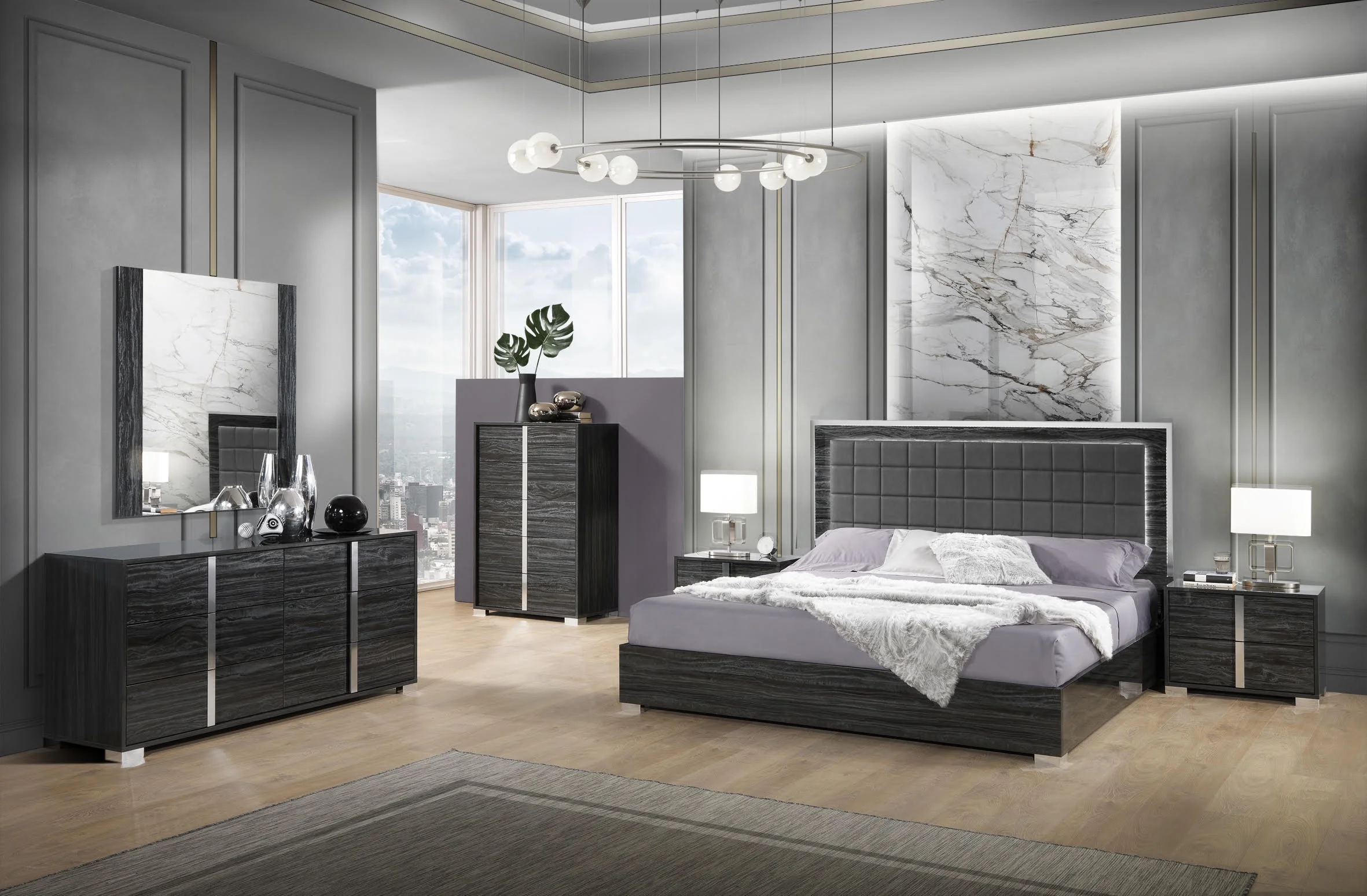 J&M Furniture Alice Bedroom Collection in Gloss Grey with 6 piece queen bed, chest, dresser, mirror and 2 nightstand, queen bedroom set